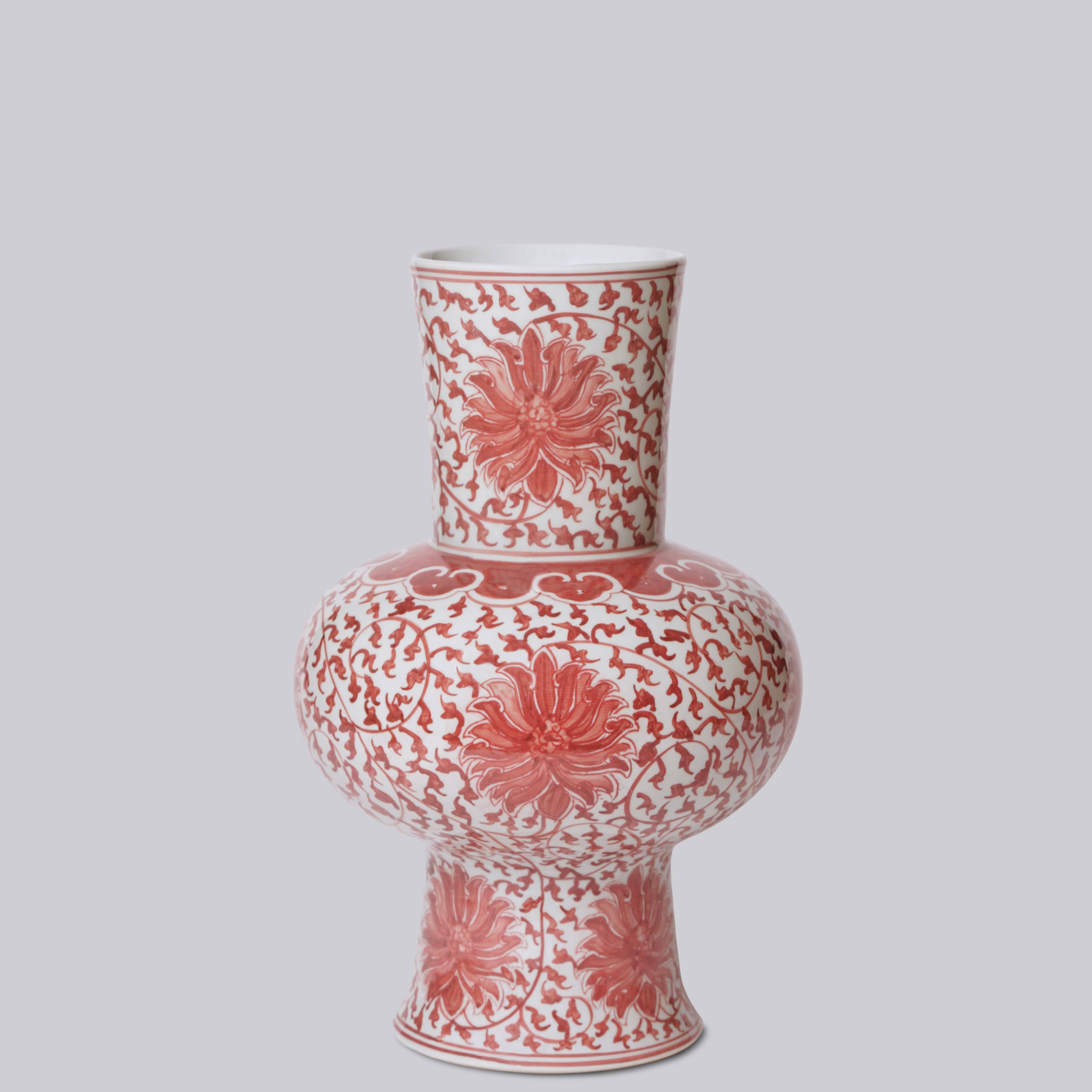 Cobalt Guild Home Decor Red and White Porcelain Scrolling Lotus Lantern Vase