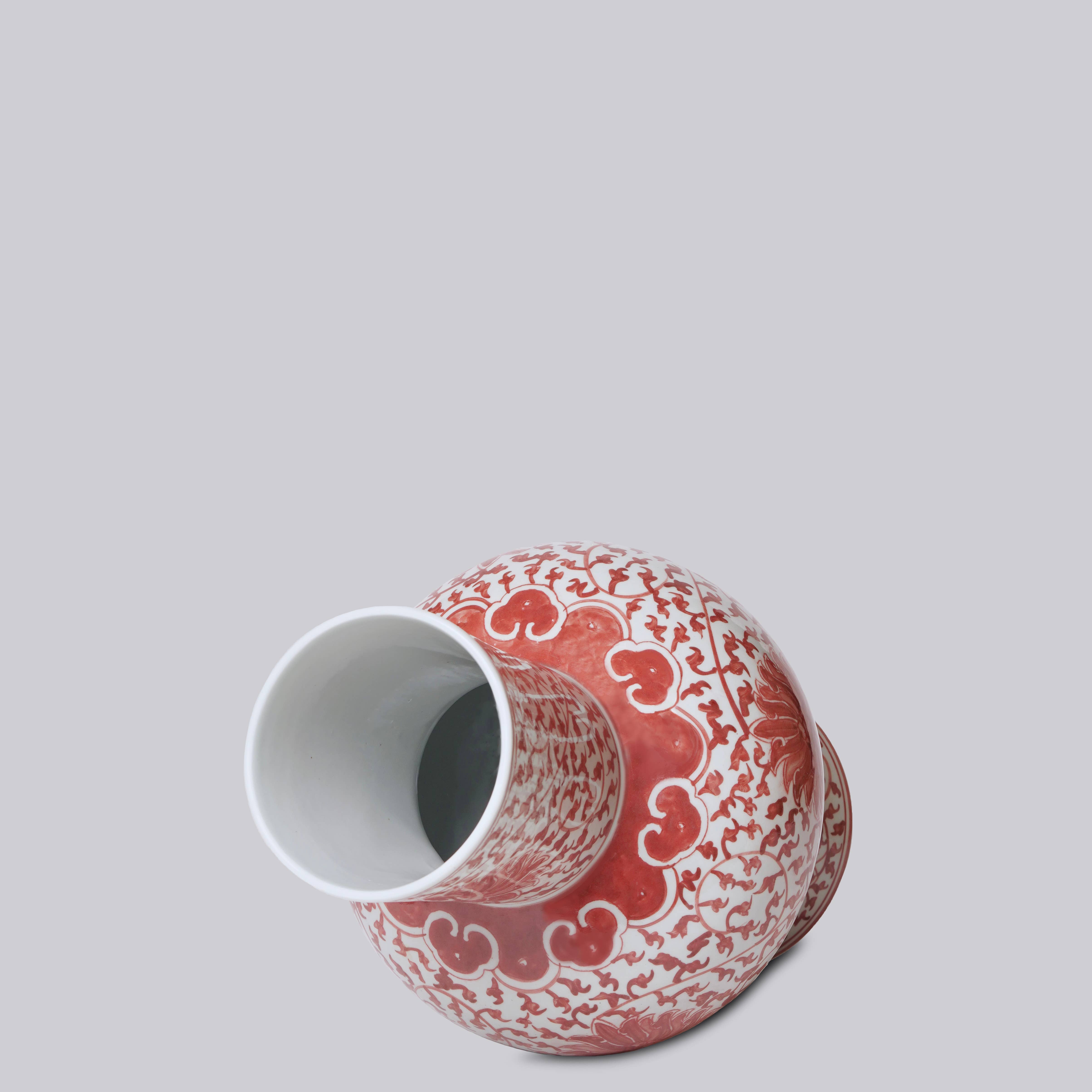 Cobalt Guild Home Decor Red and White Porcelain Scrolling Lotus Lantern Vase