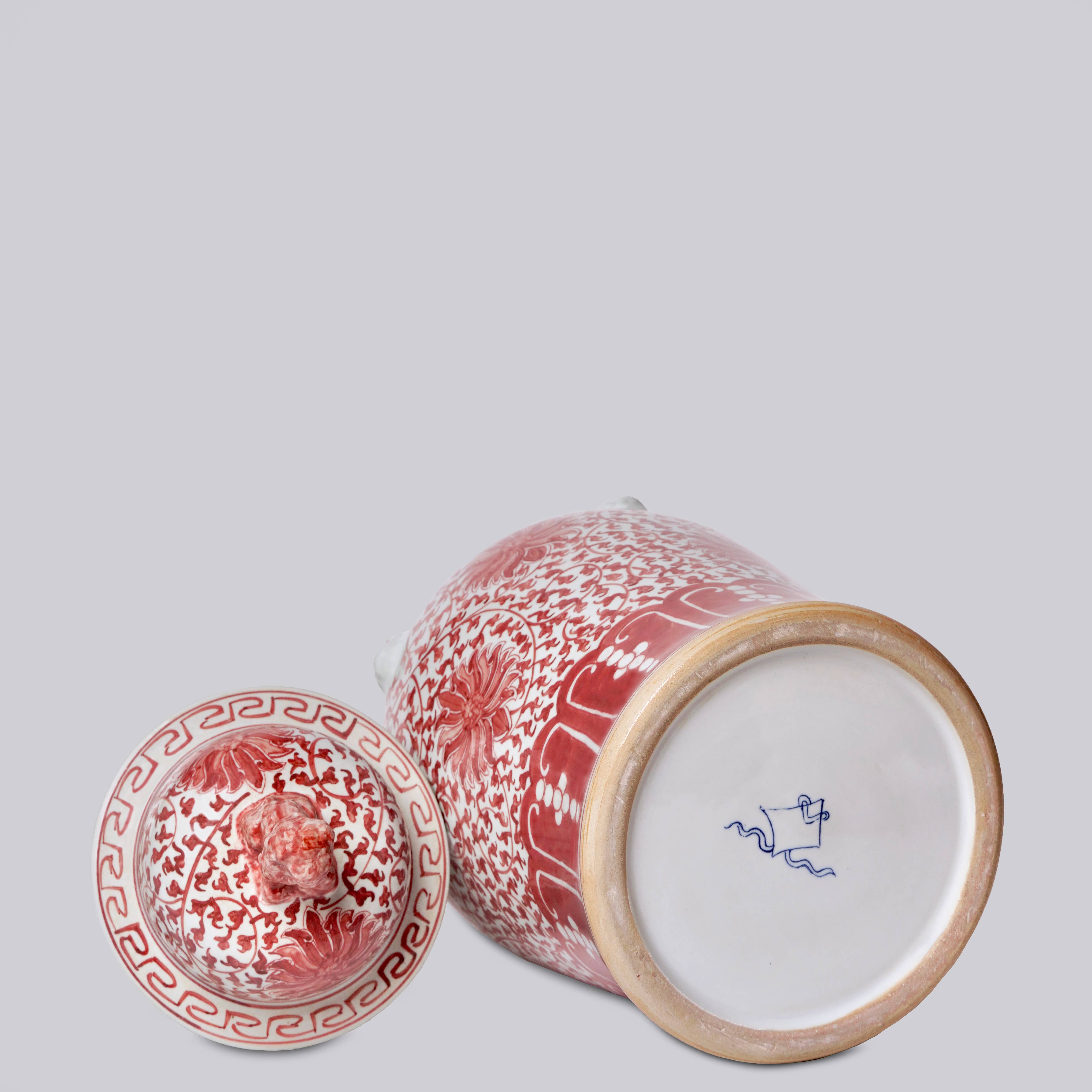 Cobalt Guild Home Decor Red and White Porcelain Scrolling Lotus Rondelle Temple Jar