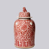 Cobalt Guild Home Decor Red and White Porcelain Scrolling Lotus Temple Jar