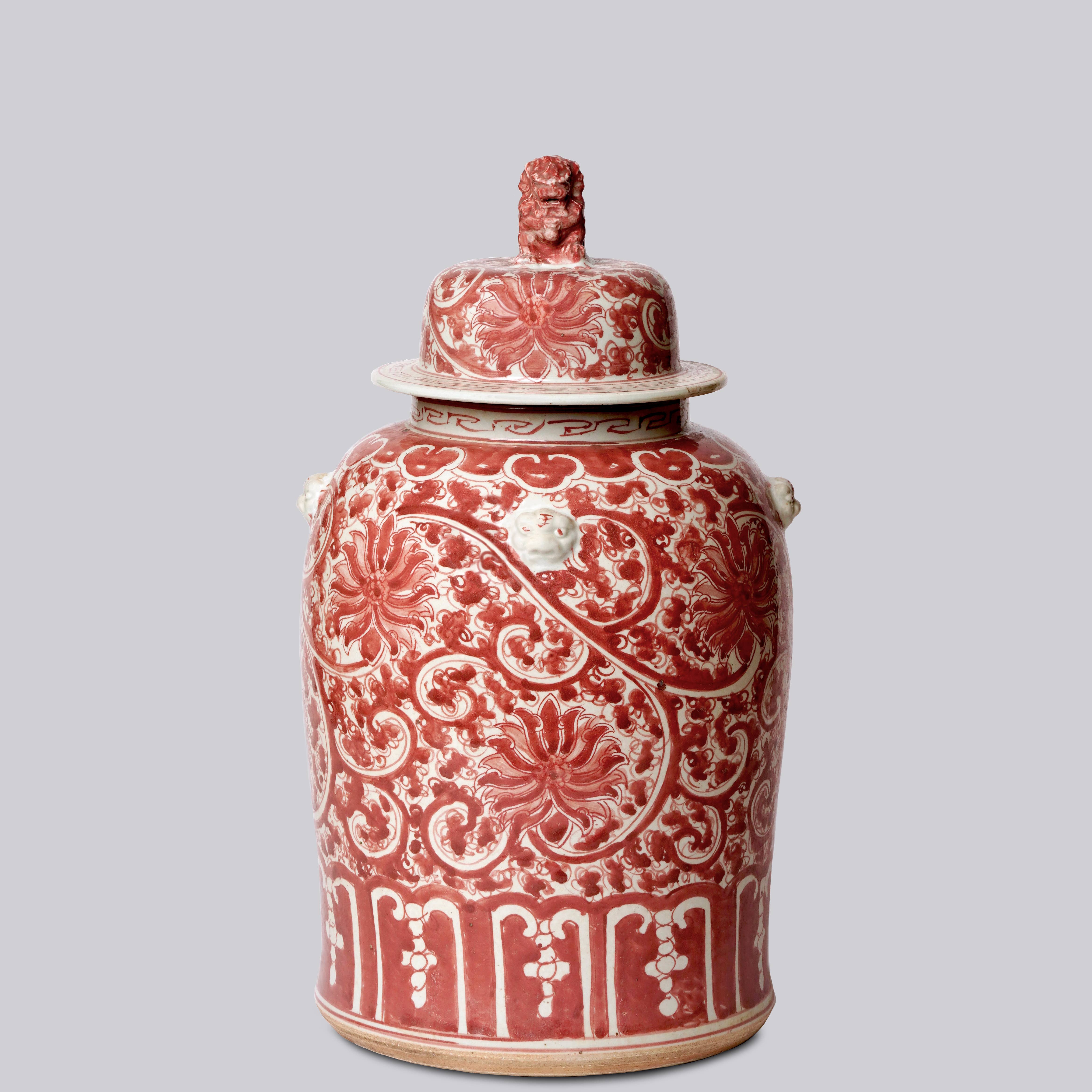 Cobalt Guild Home Decor Red and White Porcelain Scrolling Lotus Temple Jar