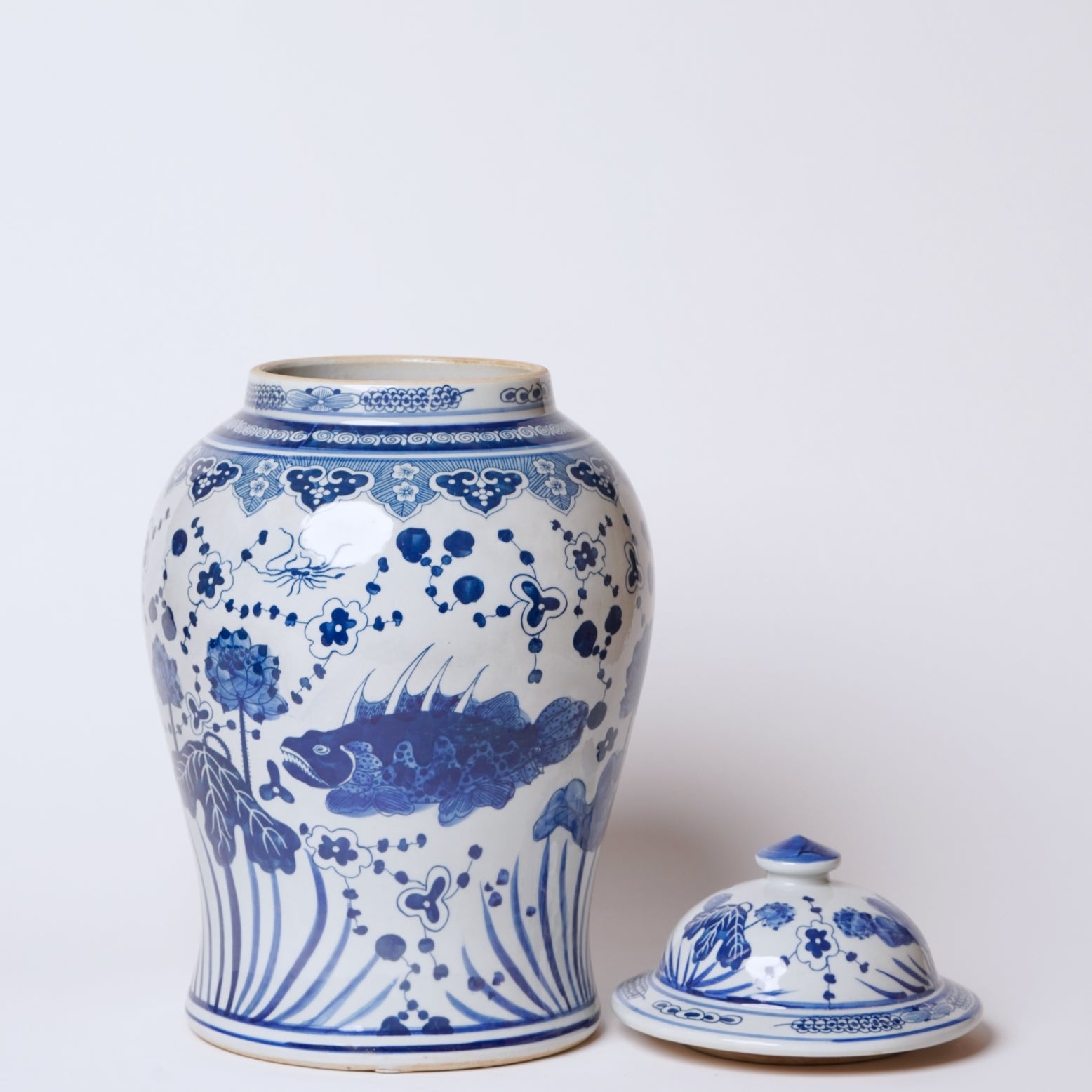 Cobalt Guild Home Decor River Fish Blue and White Porcelain Temple Jar