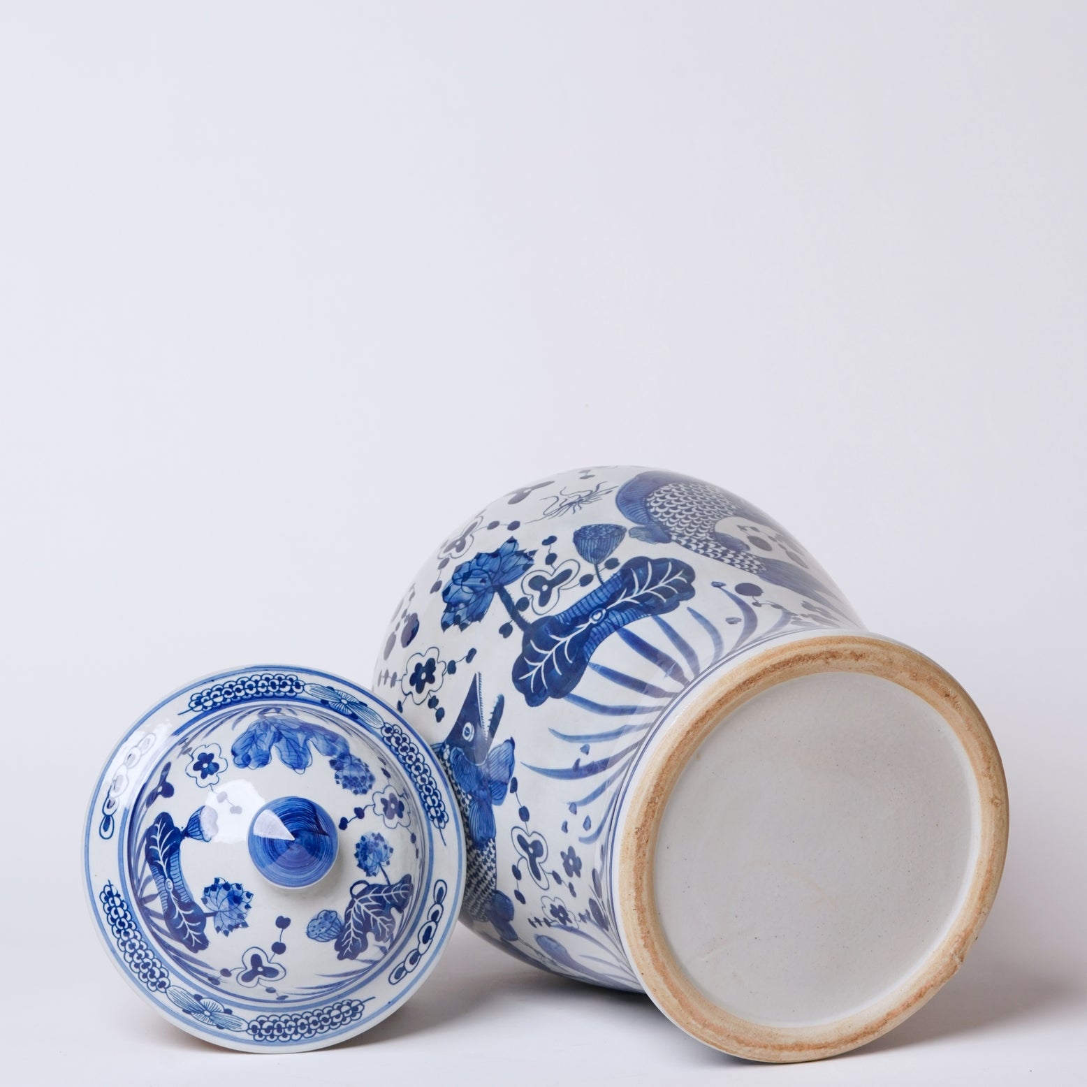 Cobalt Guild Home Decor River Fish Blue and White Porcelain Temple Jar