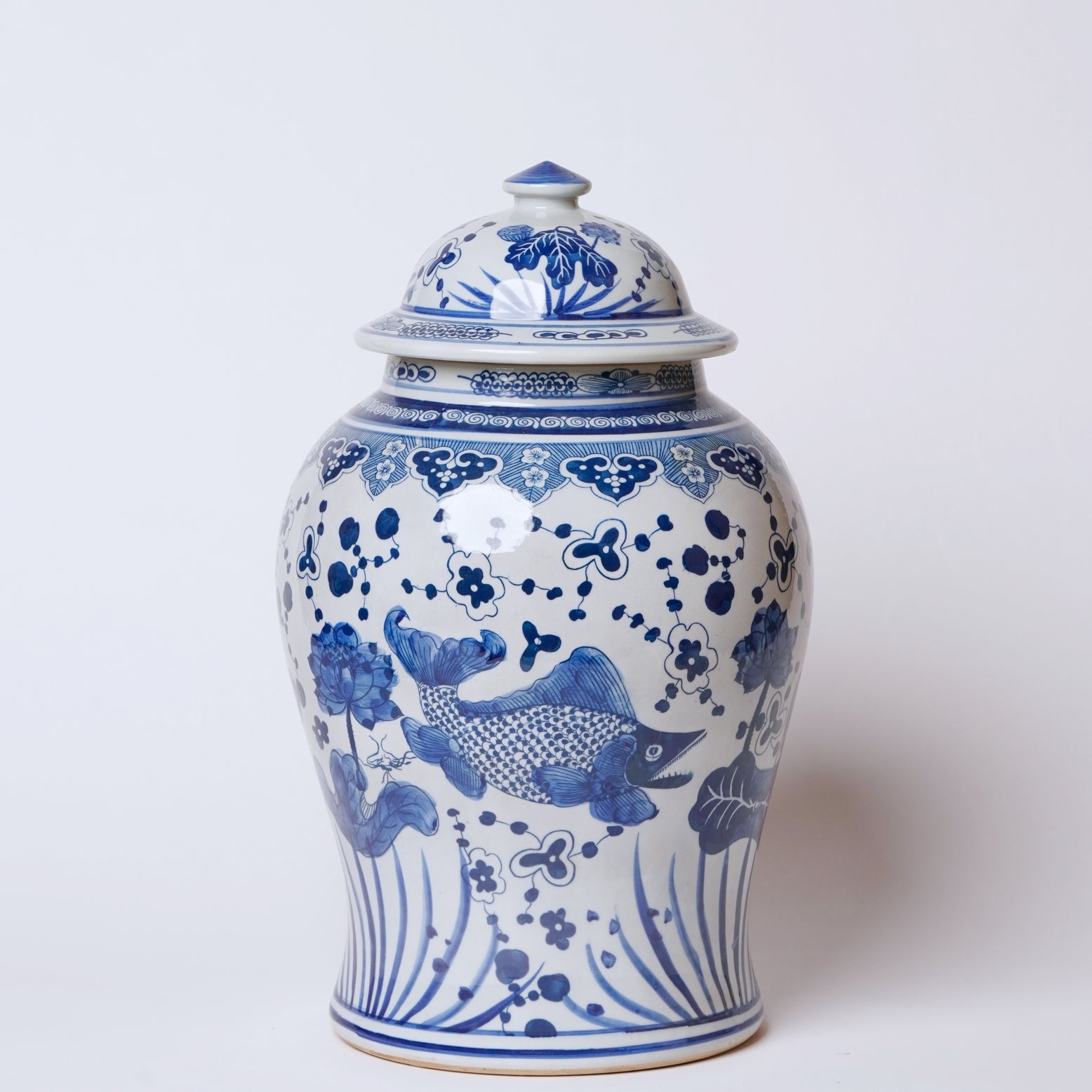 Cobalt Guild Home Decor River Fish Blue and White Porcelain Temple Jar