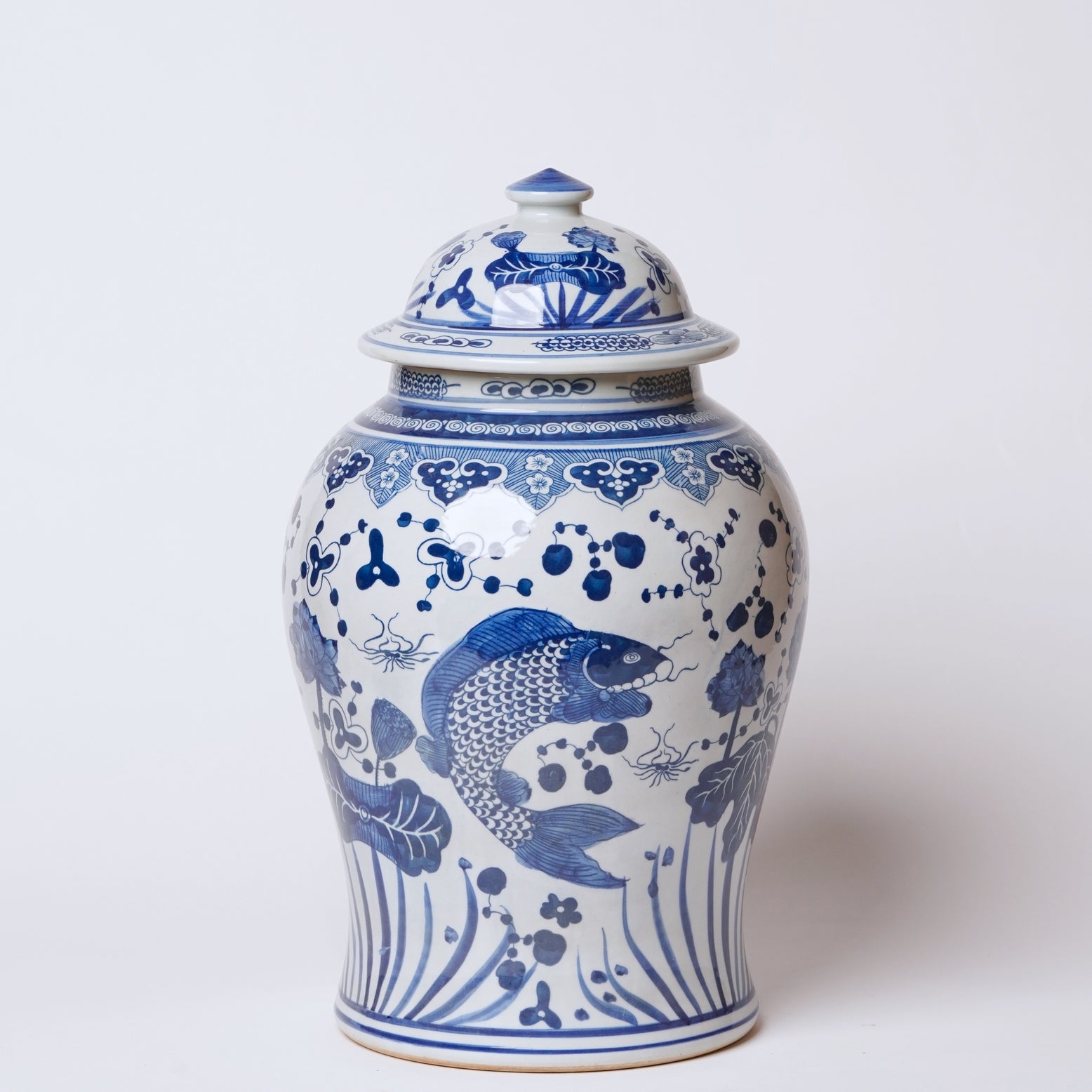 Cobalt Guild Home Decor River Fish Blue and White Porcelain Temple Jar