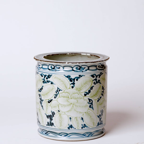 Cobalt Guild Home Decor Rustic Blue and Green Floral Porcelain Cachepot
