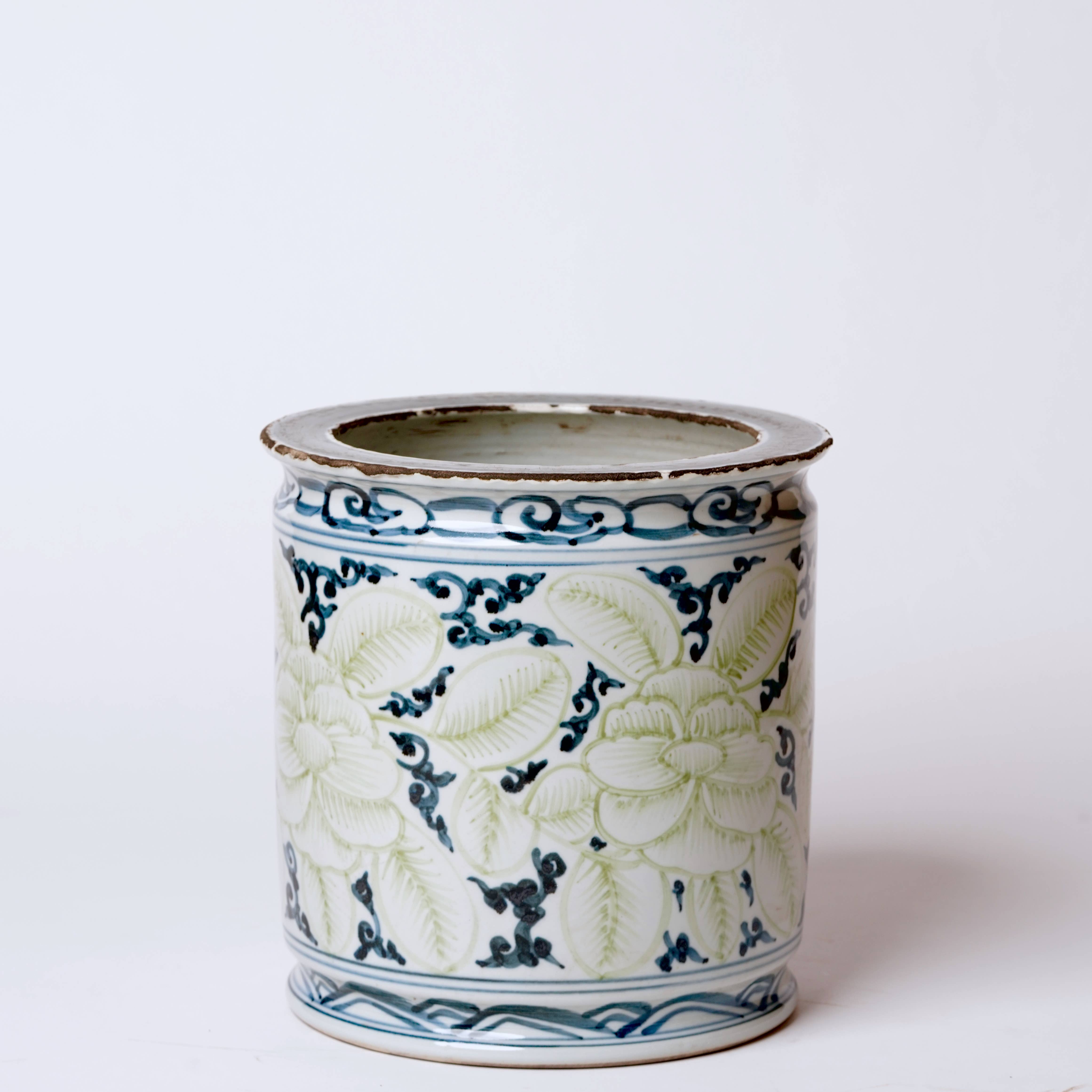 Cobalt Guild Home Decor Rustic Blue and Green Floral Porcelain Cachepot