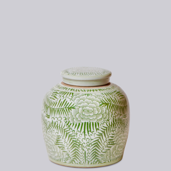 Cobalt Guild Home Decor Rustic Peony Green and White Porcelain Jar