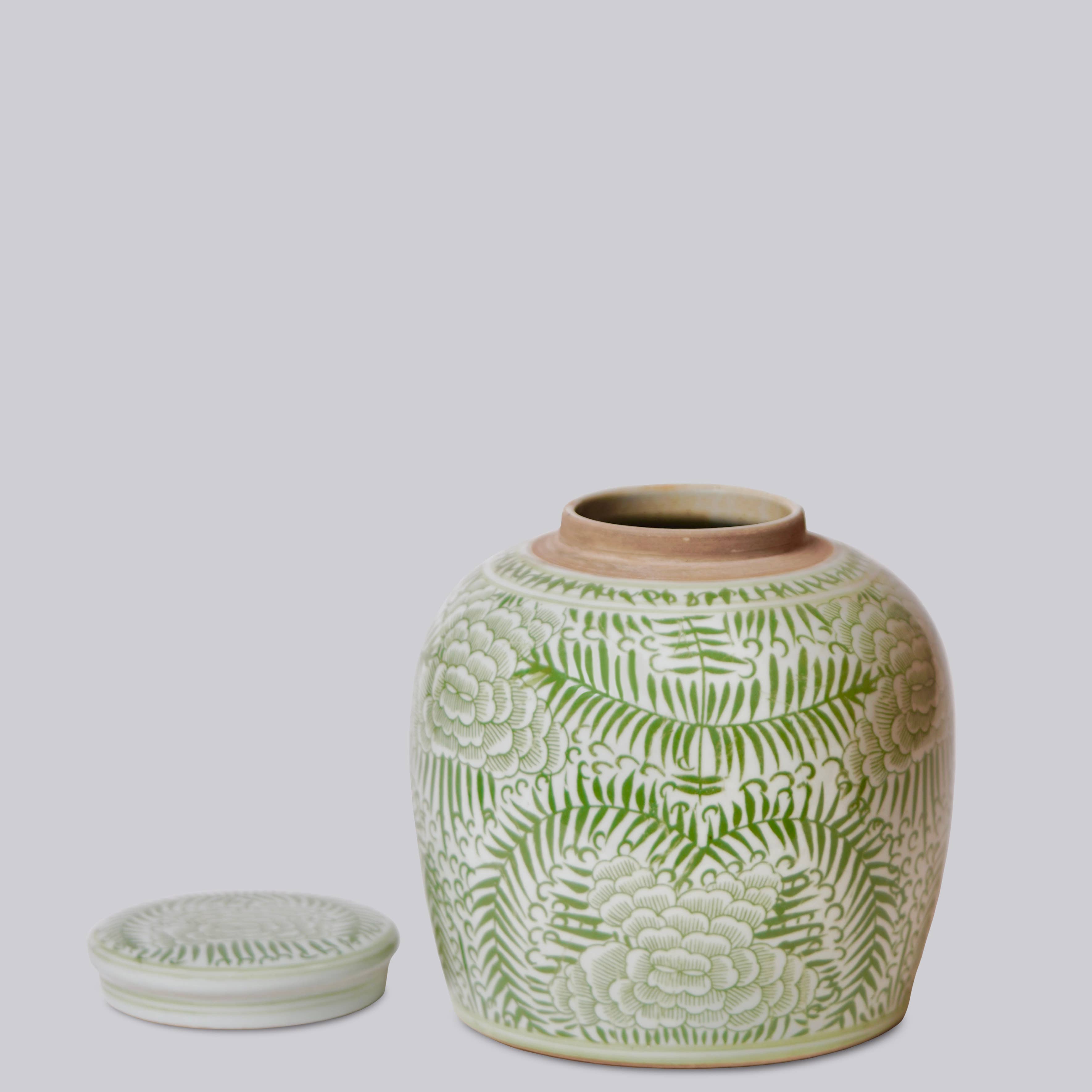 Cobalt Guild Home Decor Rustic Peony Green and White Porcelain Jar