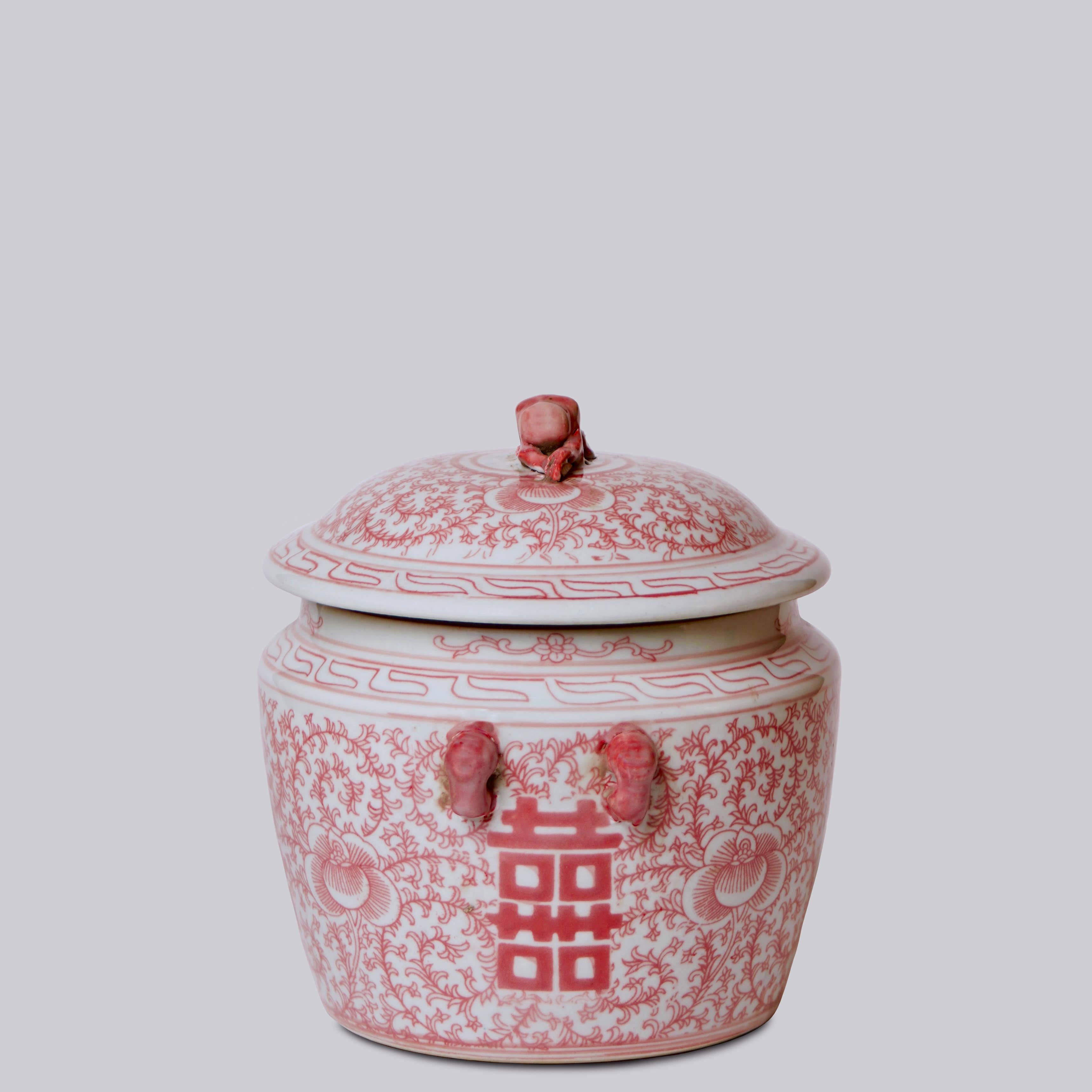 Cobalt Guild Home Decor Small Red and White Porcelain Double Happiness Lug Jar