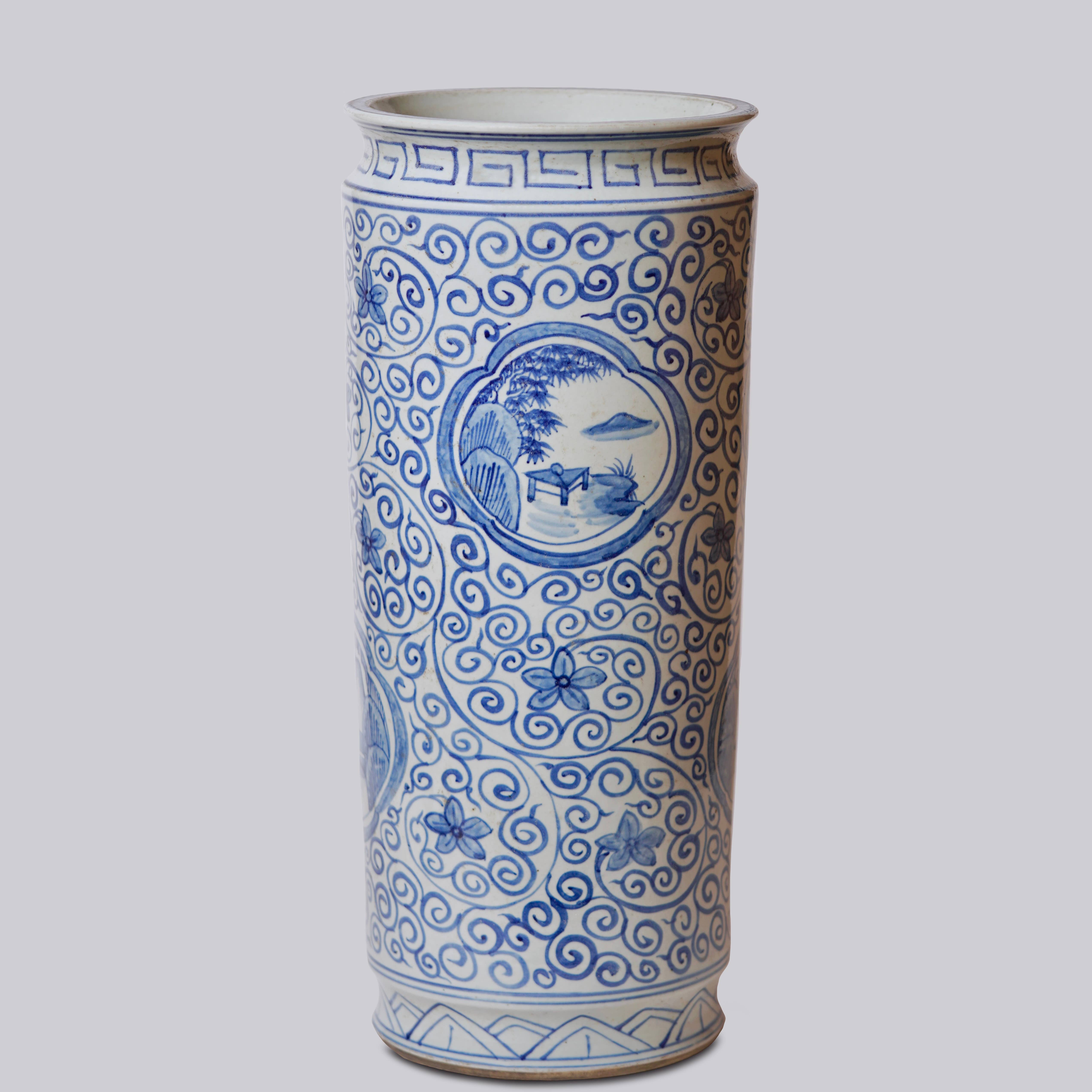 Cobalt Guild Home Decor Tall Blue and White Landscape Porcelain Umbrella Stand