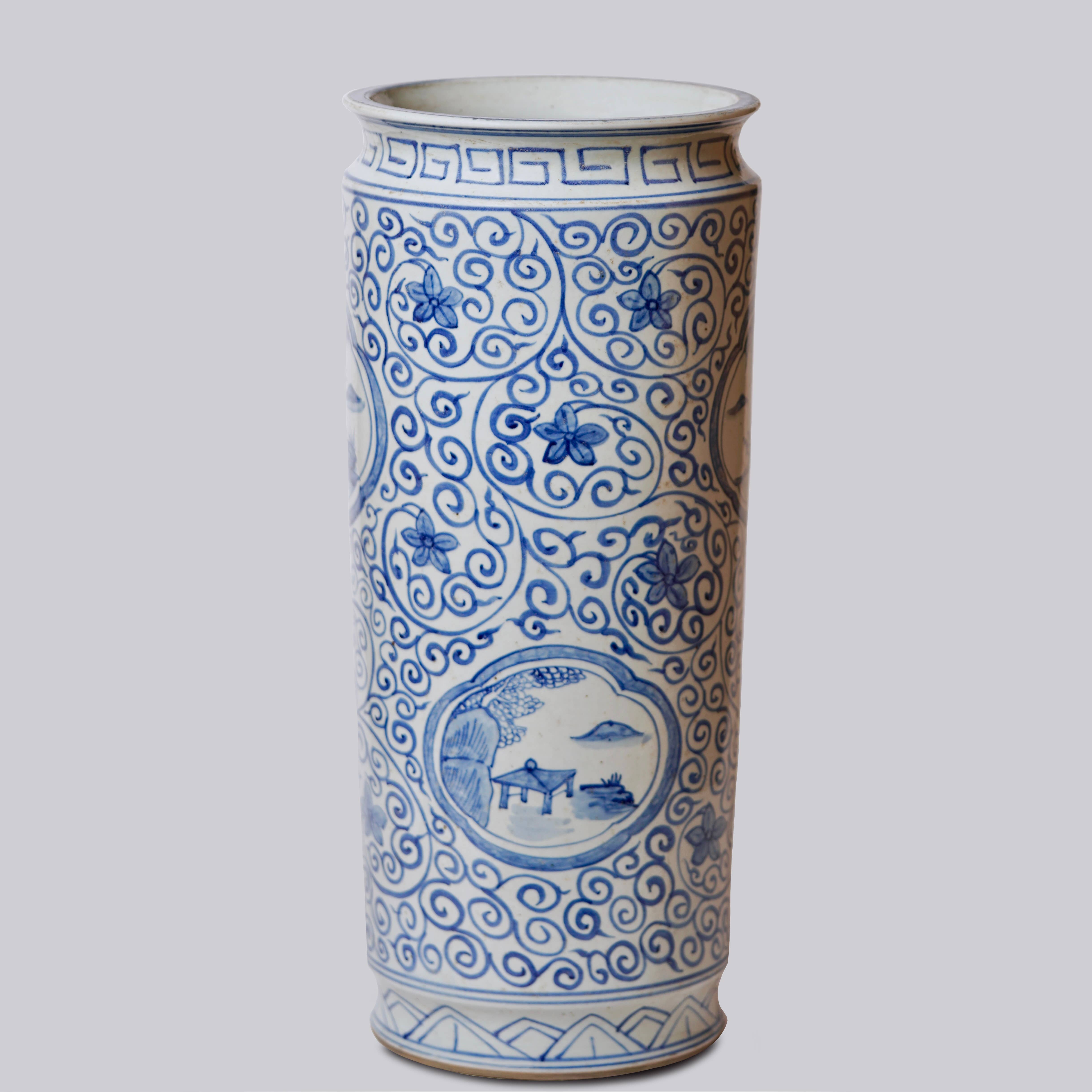 Cobalt Guild Home Decor Tall Blue and White Landscape Porcelain Umbrella Stand