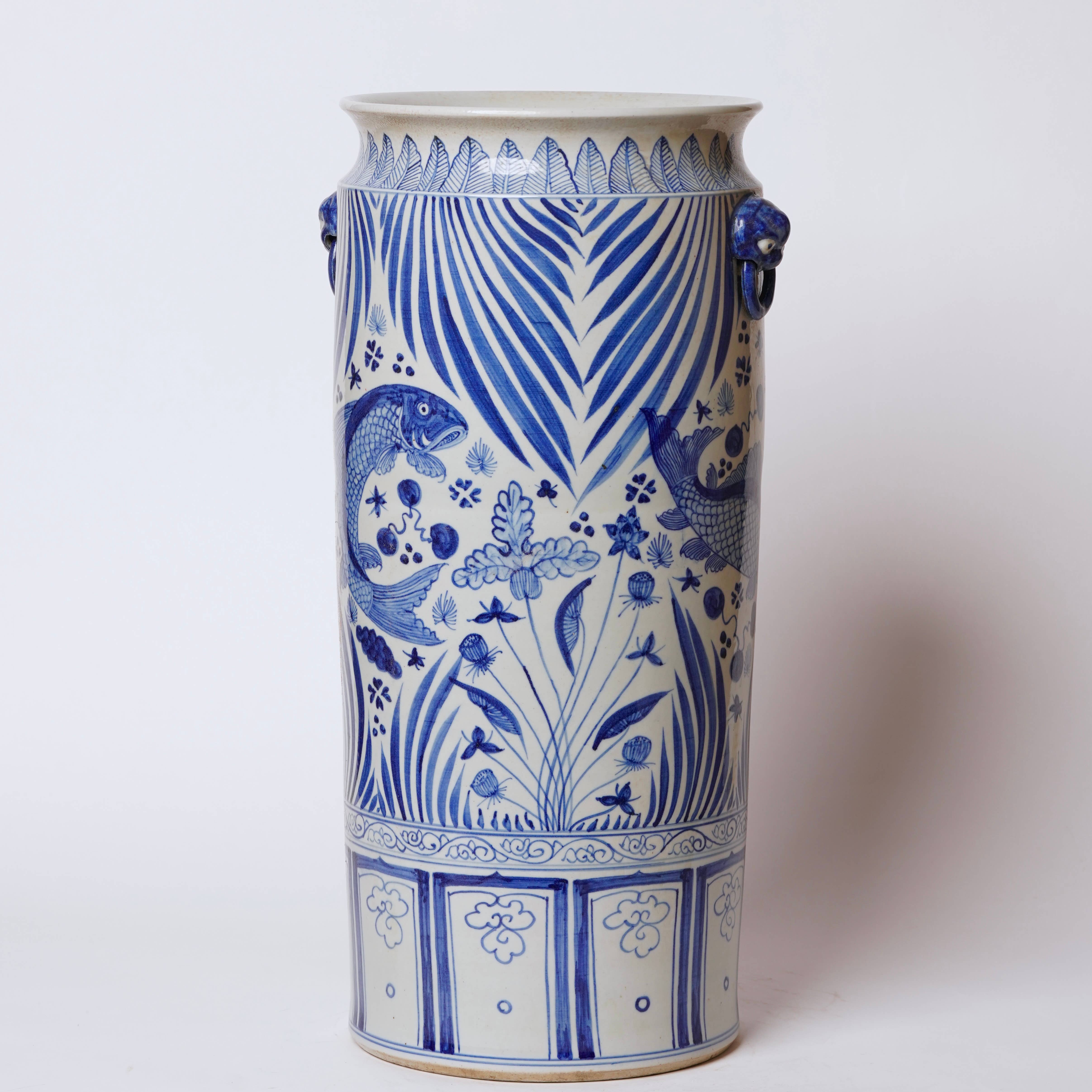 Cobalt Guild Home Decor Tall Blue and White River Fish Porcelain Umbrella Stand