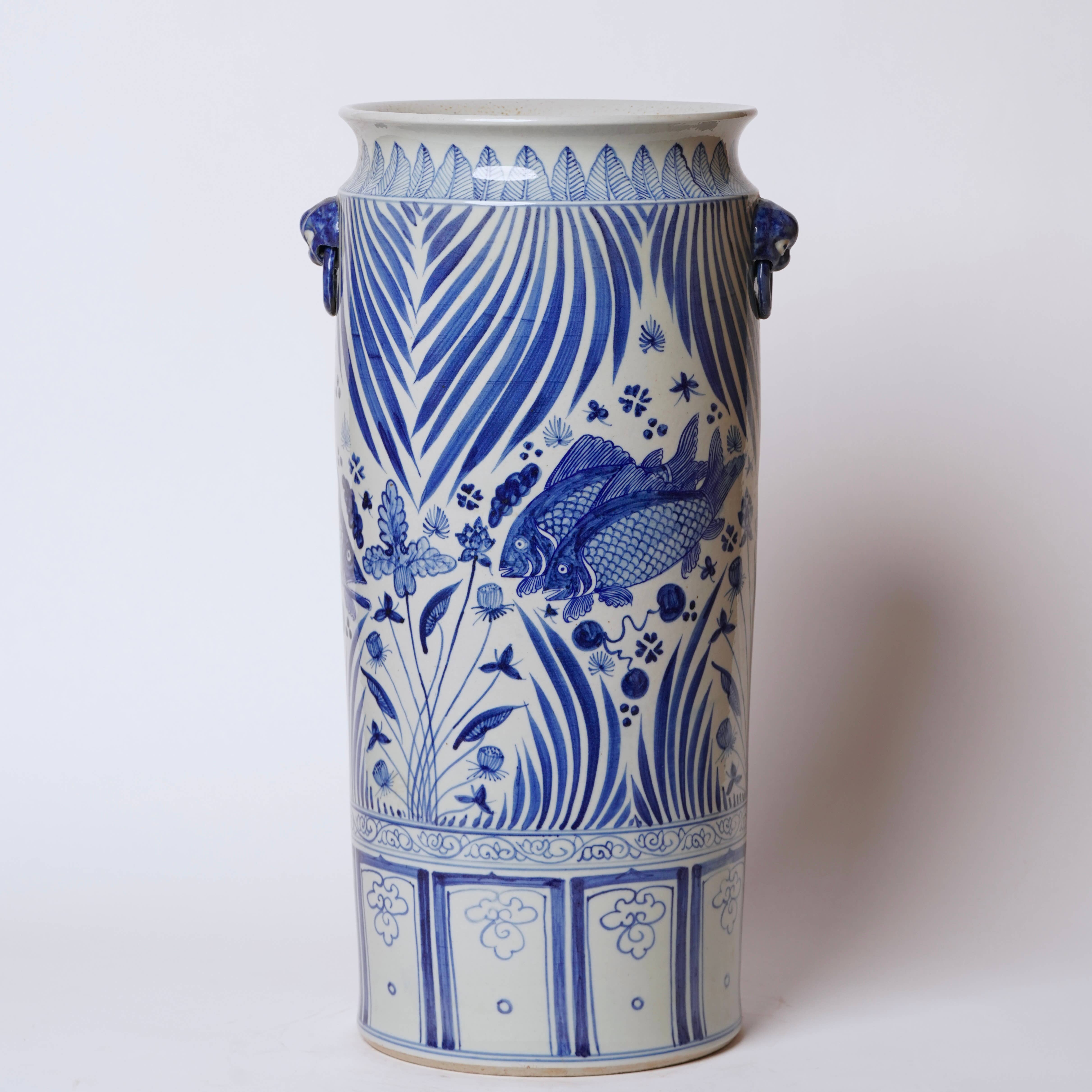Cobalt Guild Home Decor Tall Blue and White River Fish Porcelain Umbrella Stand