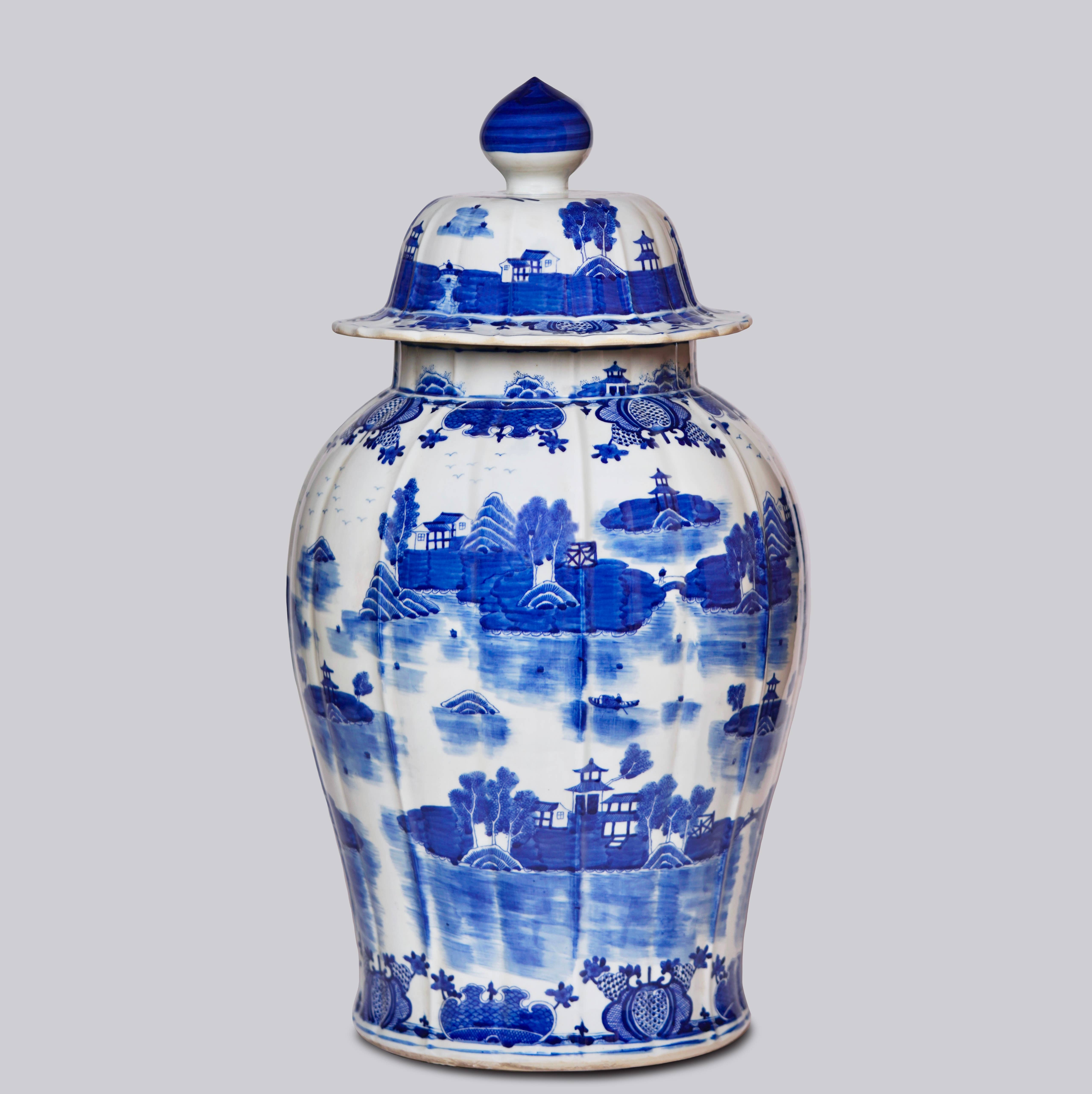 Cobalt Guild Home Decor Willow Ware Blue & White Porcelain Ribbed Jar