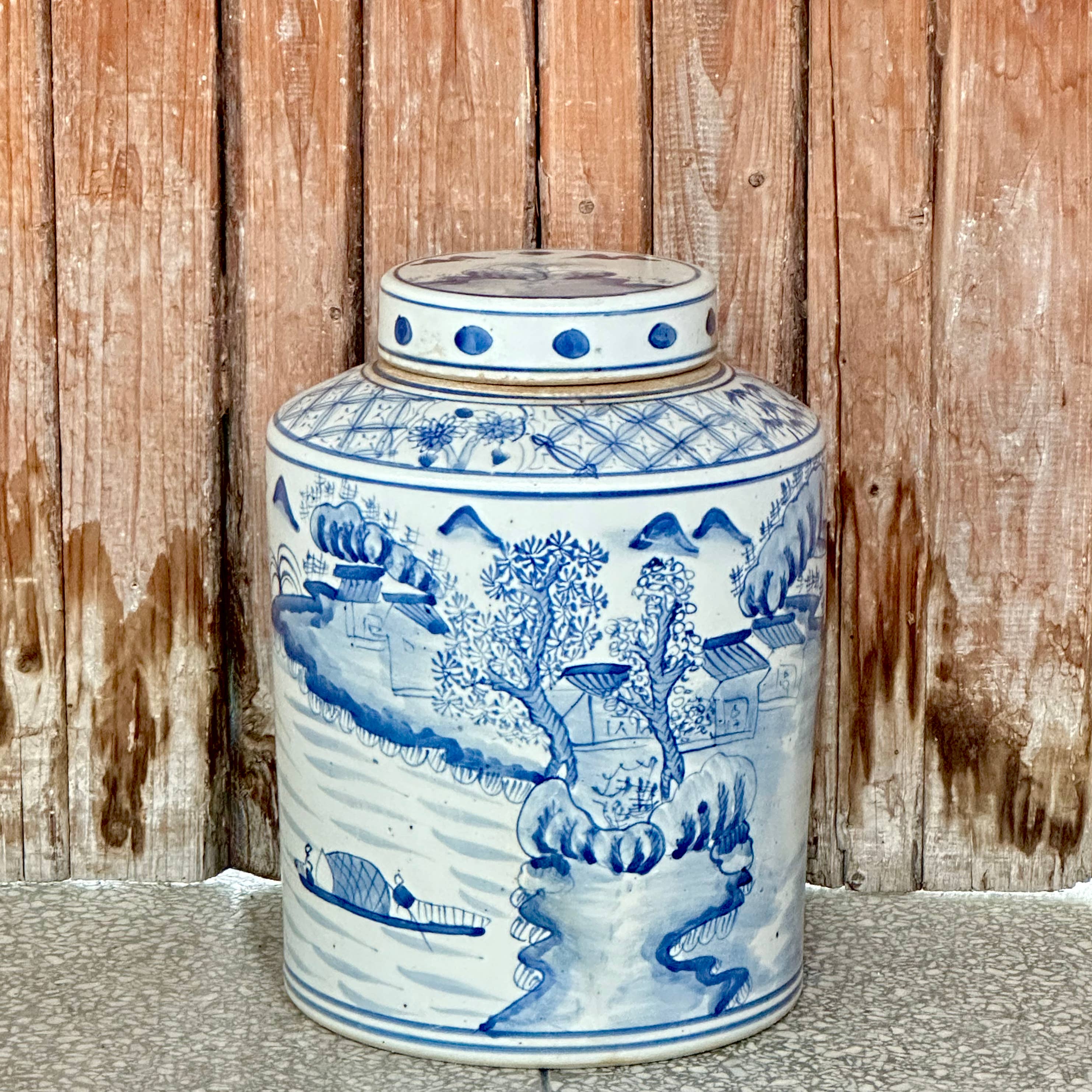 Cobalt Guild Home Decor Willow Ware-Inspired Blue and White Porcelain Canister