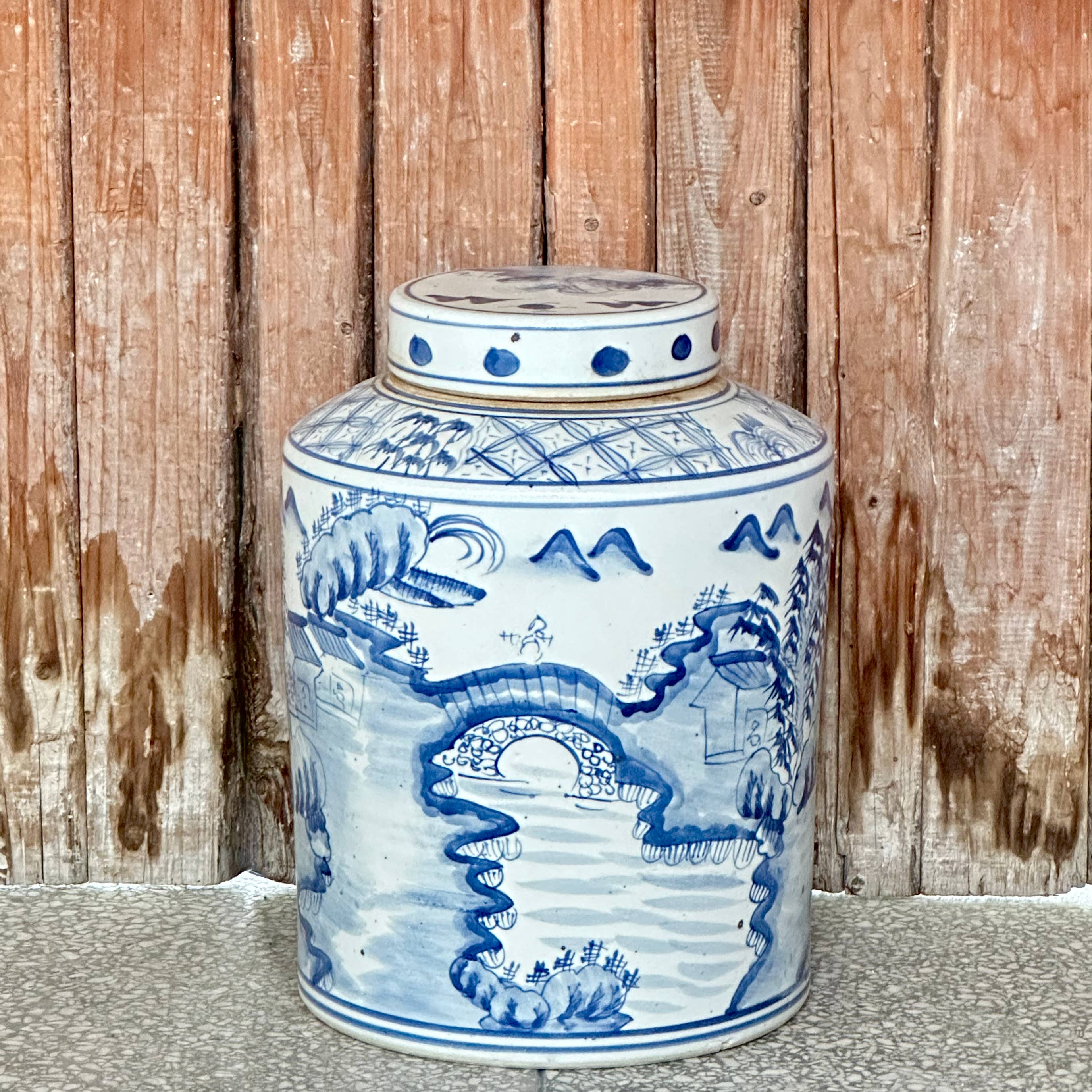 Cobalt Guild Home Decor Willow Ware-Inspired Blue and White Porcelain Canister