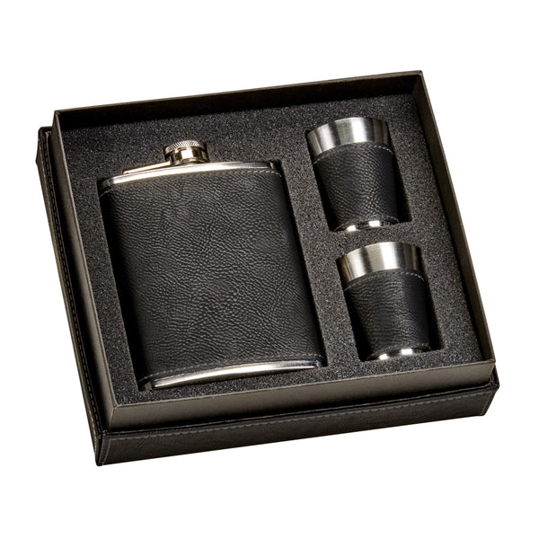 Creative Gifts Giftware Leatherette Boxed Flask Set, 8 Oz Flask And 2 Shot Glasses, Black