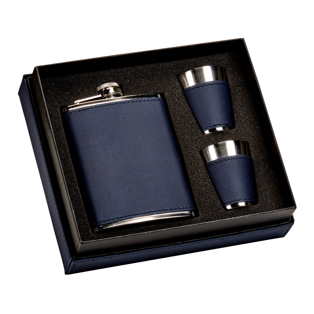 Creative Gifts Giftware Leatherette Boxed Flask Set, 8 Oz Flask And 2 Shot Glasses, Navy