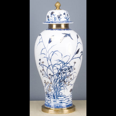 Danny's Fine Porcelain Home Decor Danny's Fine Porcelain 10L X 10W X 23H ROUND JAR WITH BRONZE- BLUE AND WHITE WITH REAL GOLD GLAZE 60320
