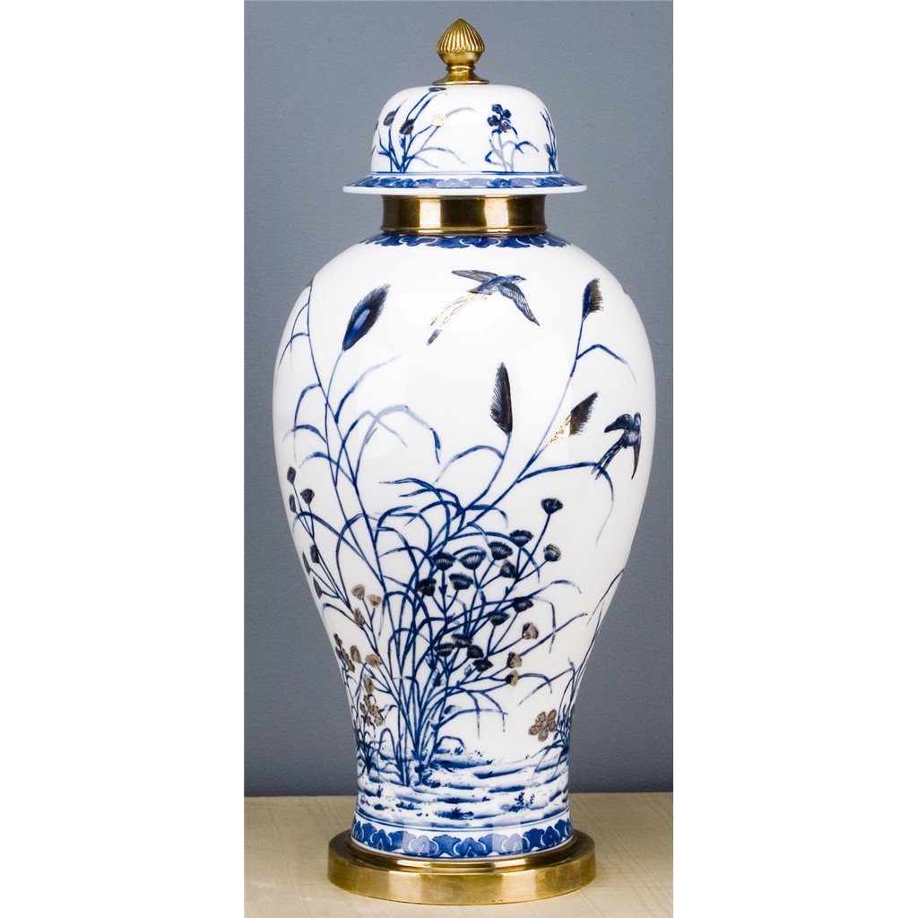 Danny's Fine Porcelain Home Decor Danny's Fine Porcelain 10L X 10W X 23H ROUND JAR WITH BRONZE- BLUE AND WHITE WITH REAL GOLD GLAZE 60320
