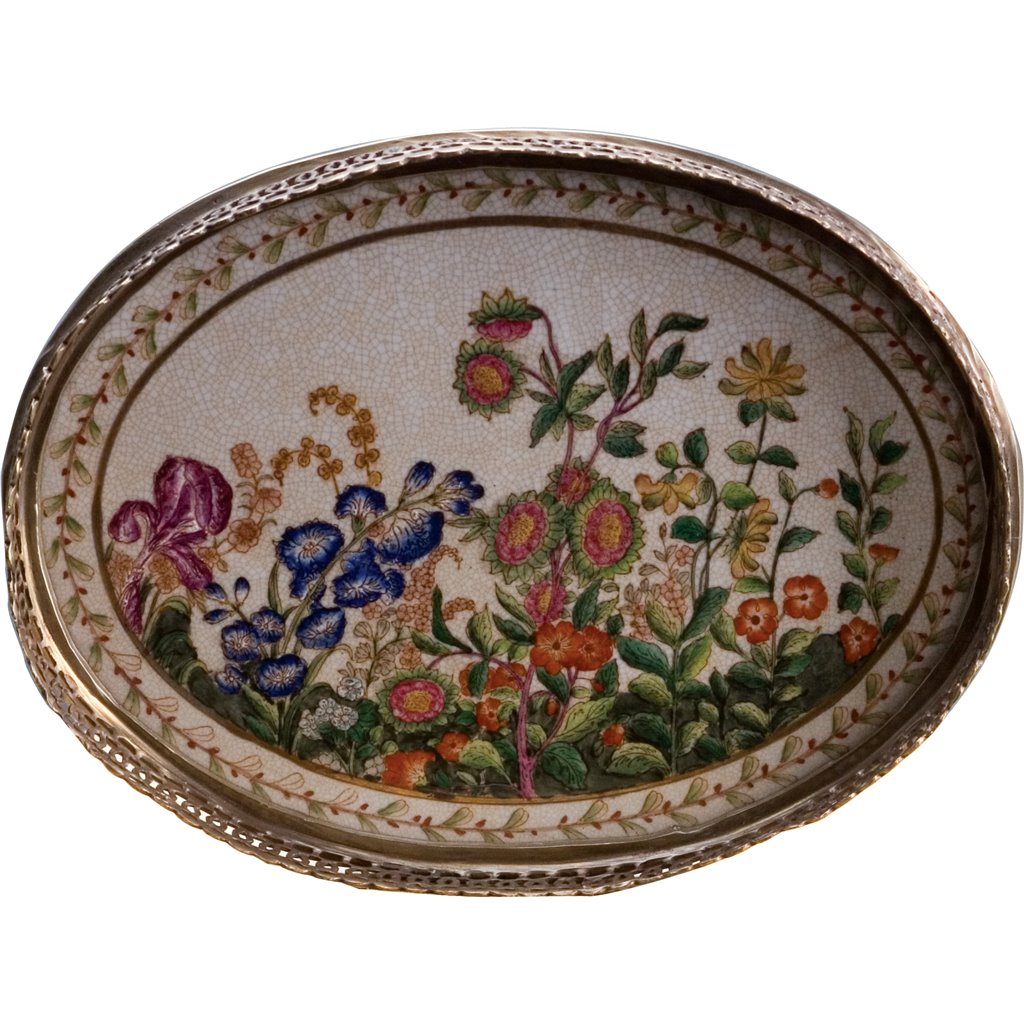 Danny's Fine Porcelain Home Decor Danny's Fine Porcelain 10L X 7.5W X 2H PORCELAIN OVAL TRAY WITH BRONZE ORMOLU - WILDBREEZE 14063