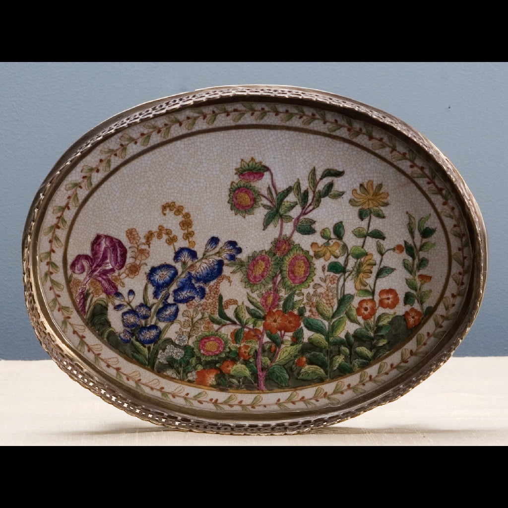 Danny's Fine Porcelain Home Decor Danny's Fine Porcelain 10L X 7.5W X 2H PORCELAIN OVAL TRAY WITH BRONZE ORMOLU - WILDBREEZE 14063