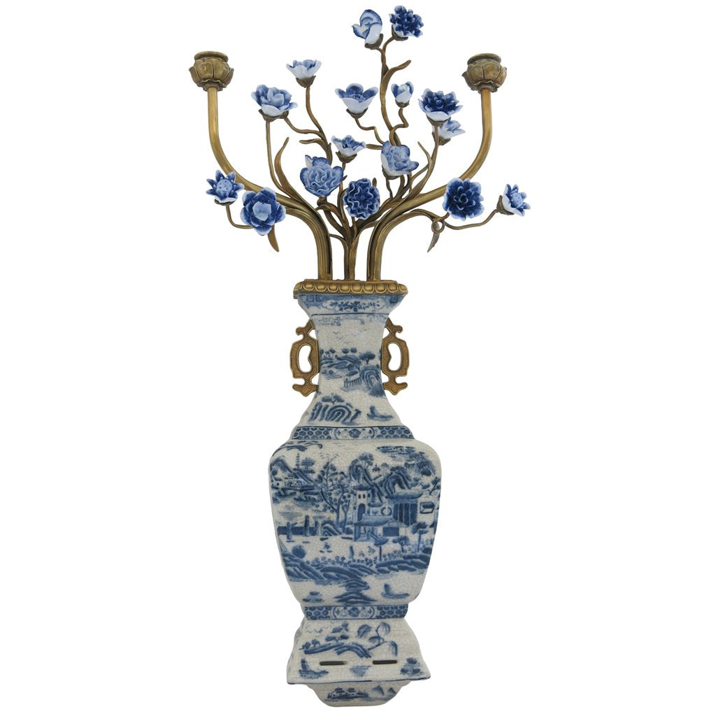 Danny's Fine Porcelain Home Decor Danny's Fine Porcelain 12L X 3.5W X 28H Wall Hanging Vase with Candle Cups Blue Willow 60997