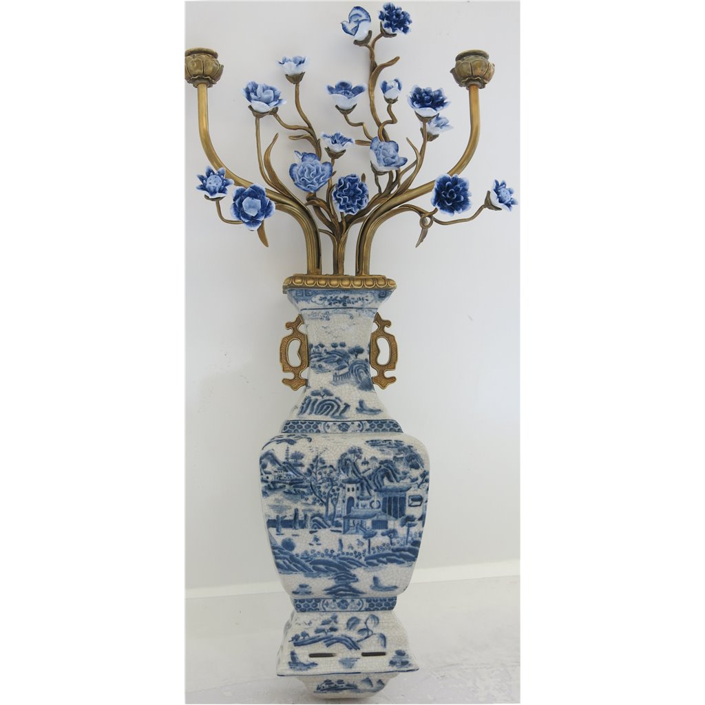 Danny's Fine Porcelain Home Decor Danny's Fine Porcelain 12L X 3.5W X 28H Wall Hanging Vase with Candle Cups Blue Willow 60997