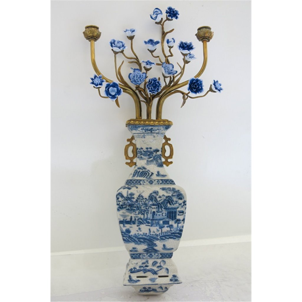 Danny's Fine Porcelain Home Decor Danny's Fine Porcelain 12L X 3.5W X 28H Wall Hanging Vase with Candle Cups Blue Willow 60997