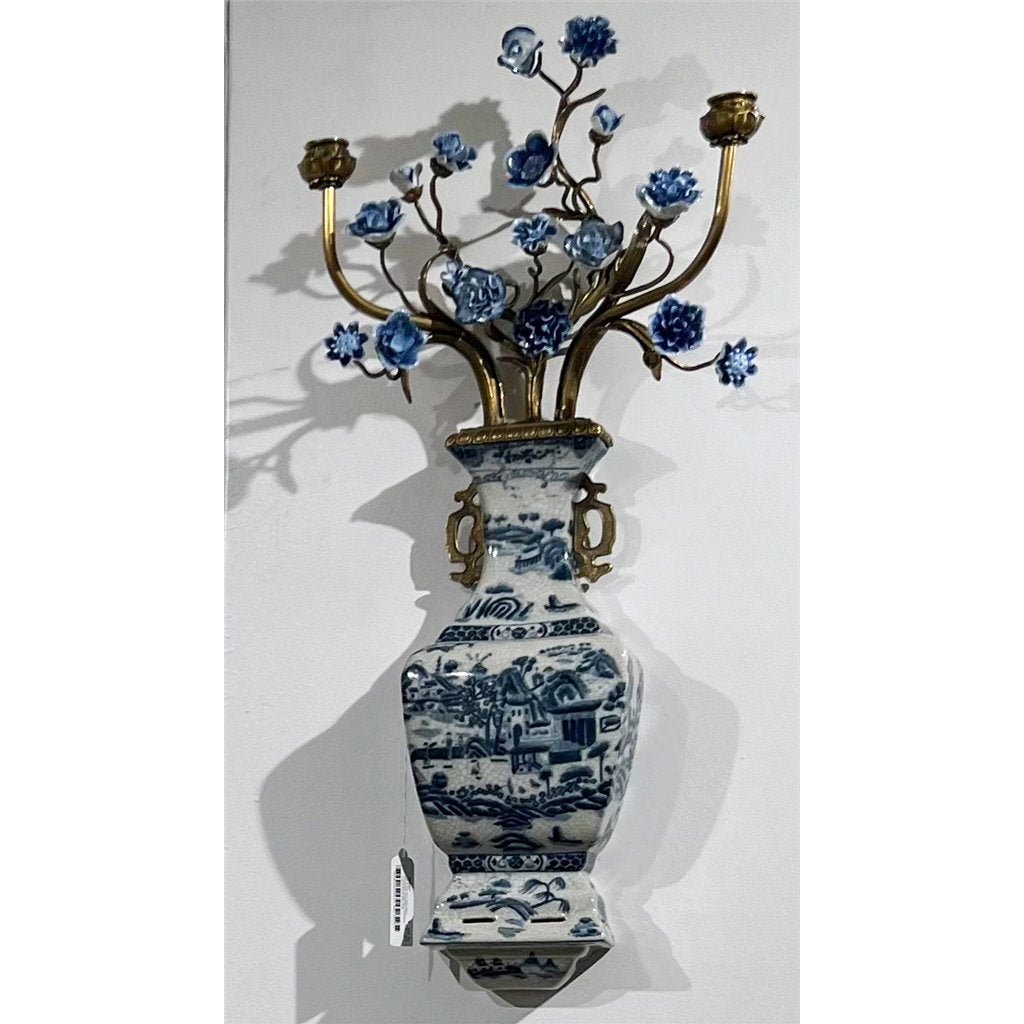Danny's Fine Porcelain Home Decor Danny's Fine Porcelain 12L X 3.5W X 28H Wall Hanging Vase with Candle Cups Blue Willow 60997