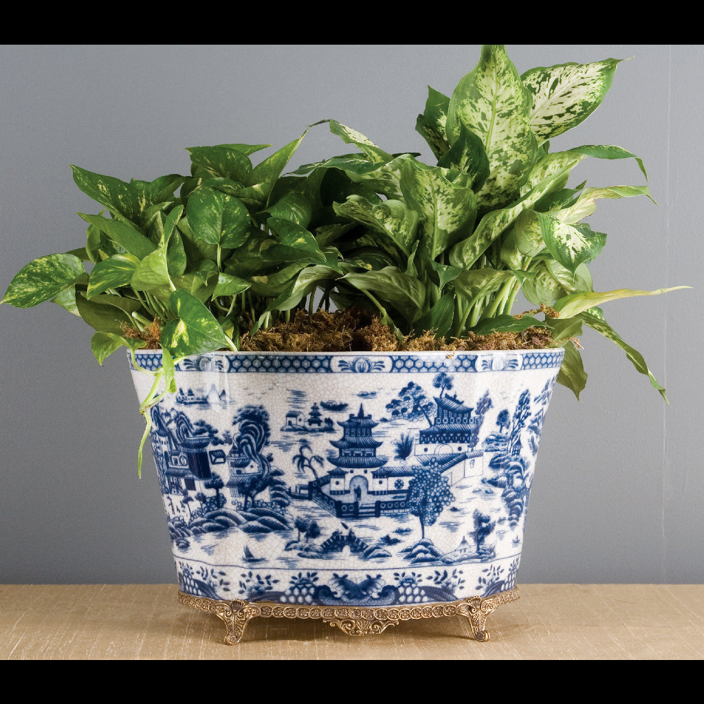 Danny's Fine Porcelain Home Decor Danny's Fine Porcelain 14.5x11x9.5 Porcelain Planter With Bronze Accent - Blue Willow 14080