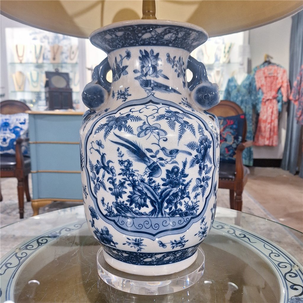 Danny's Fine Porcelain Lighting Danny's Fine Porcelain 17Lx17Wx 28H Round Vase Lamp - B/W Birds & Florals [Acrylic_Base/Sh:2-847-17] 10794-LA