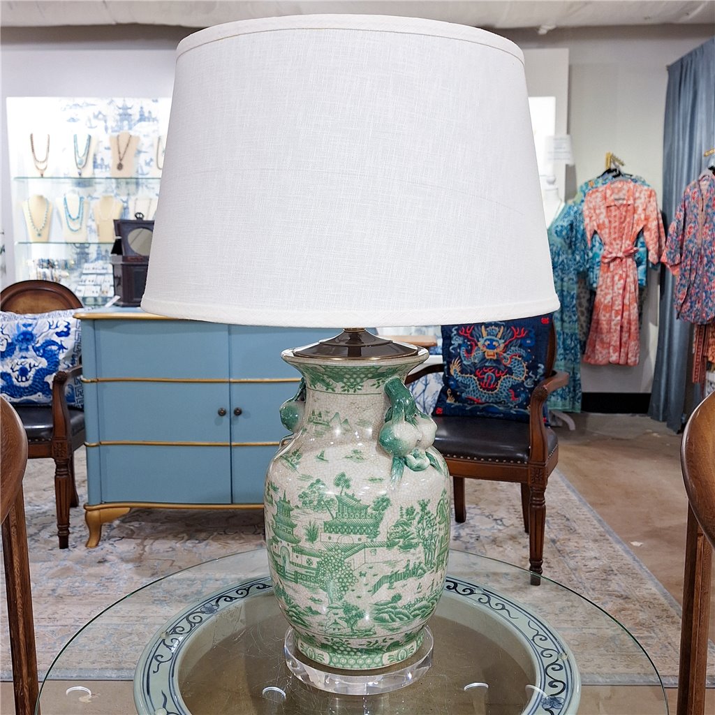 Danny's Fine Porcelain Lighting Danny's Fine Porcelain 17Lx17Wx30H Porcelain Lamp - Green And White [Acrylic_Base/Sh:2-847-17] 14241-LA