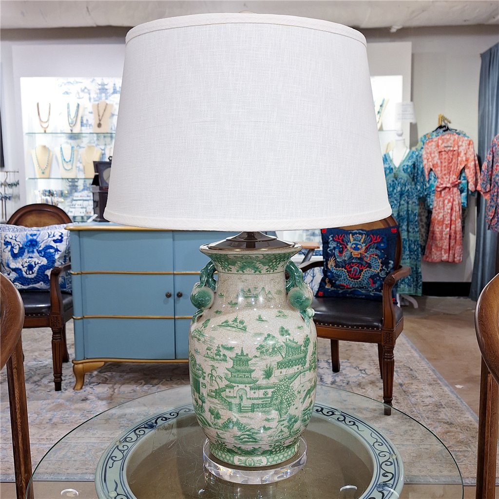 Danny's Fine Porcelain Lighting Danny's Fine Porcelain 17Lx17Wx30H Porcelain Lamp - Green And White [Acrylic_Base/Sh:2-847-17] 14241-LA