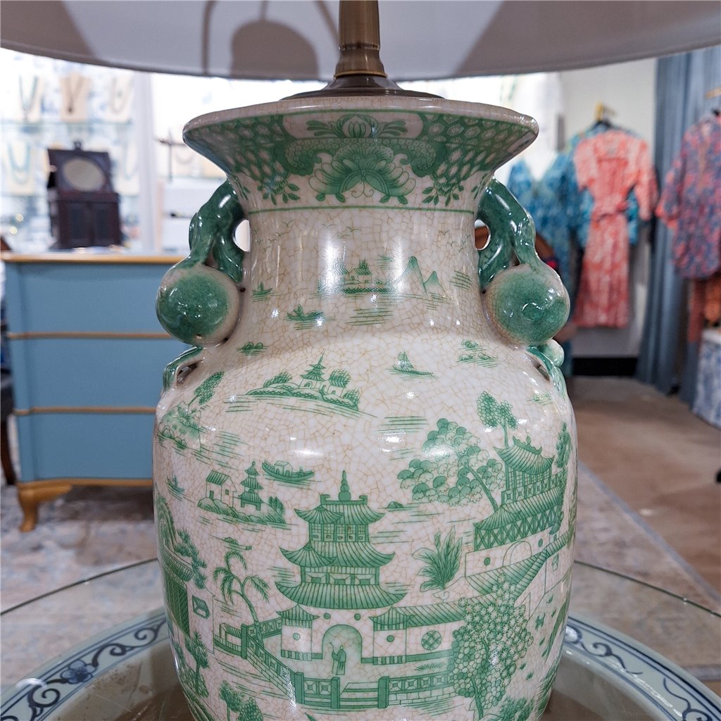 Danny's Fine Porcelain Lighting Danny's Fine Porcelain 17Lx17Wx30H Porcelain Lamp - Green And White [Acrylic_Base/Sh:2-847-17] 14241-LA