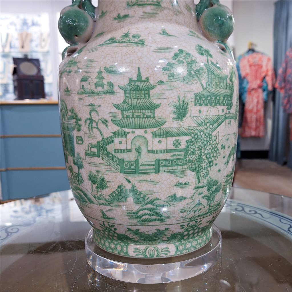 Danny's Fine Porcelain Lighting Danny's Fine Porcelain 17Lx17Wx30H Porcelain Lamp - Green And White [Acrylic_Base/Sh:2-847-17] 14241-LA