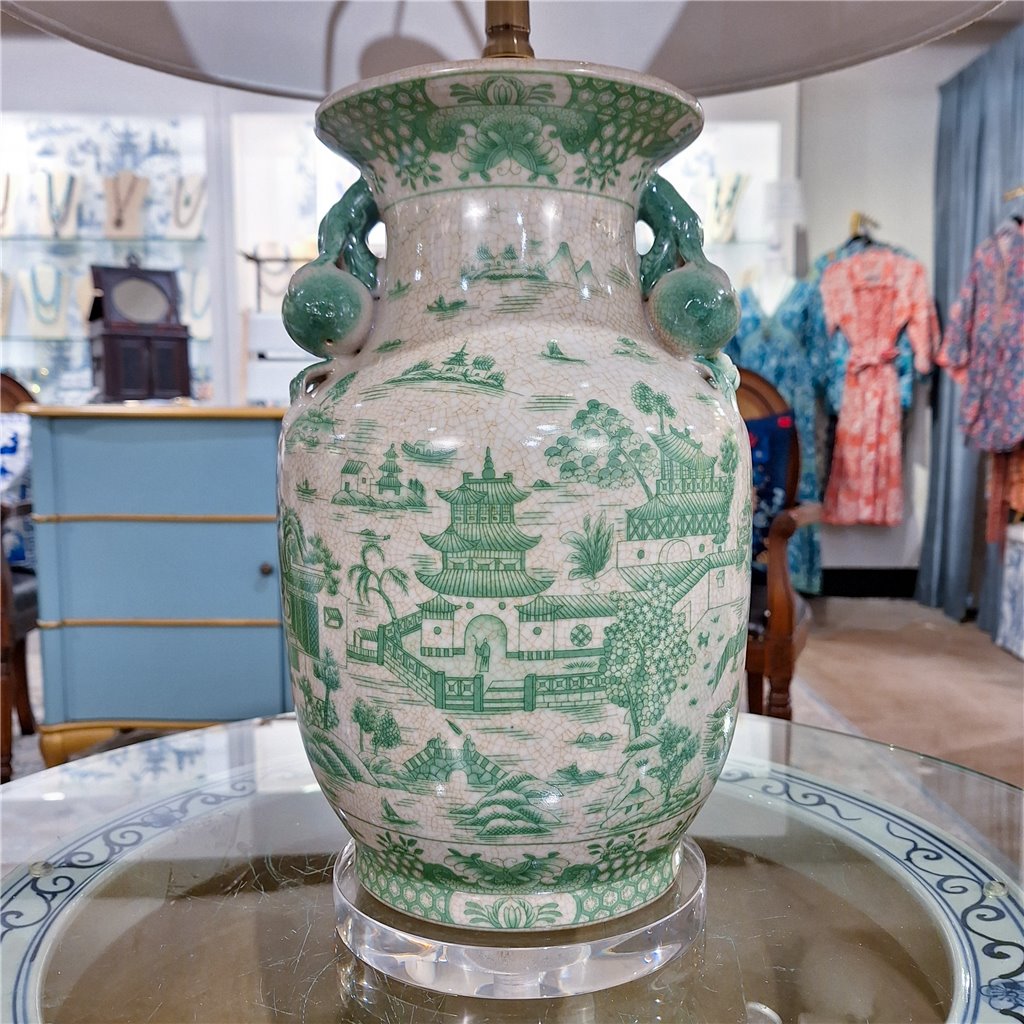 Danny's Fine Porcelain Lighting Danny's Fine Porcelain 17Lx17Wx30H Porcelain Lamp - Green And White [Acrylic_Base/Sh:2-847-17] 14241-LA