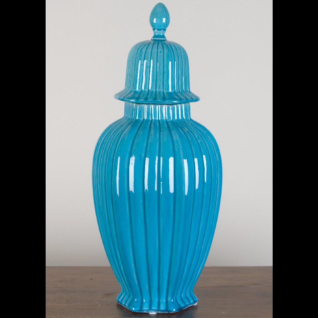 Danny's Fine Porcelain Home Decor Danny's Fine Porcelain 19h X 9d Deep Sea Turquoise Hex Stripped Jar (tall)