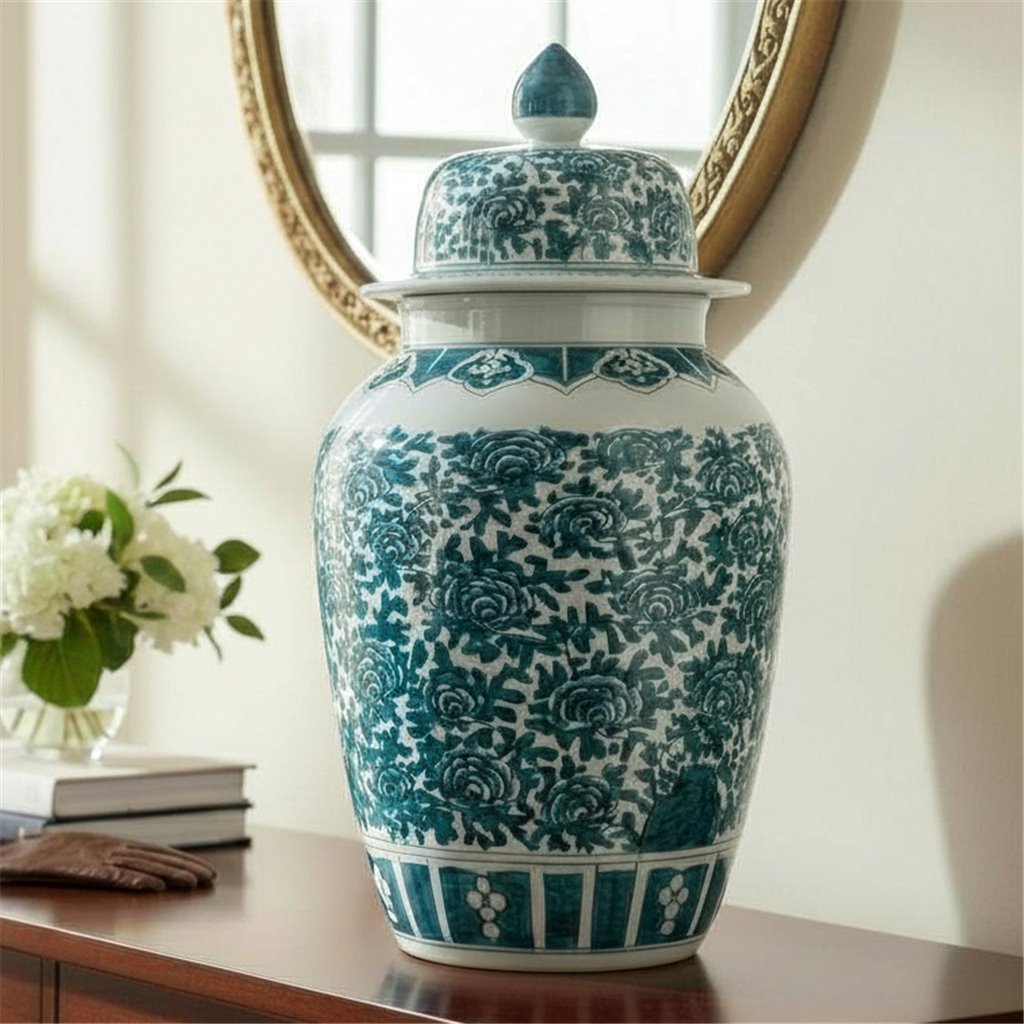 Danny's Fine Porcelain Home Decor Danny's Fine Porcelain 30h Lidded Jar-Green Peony