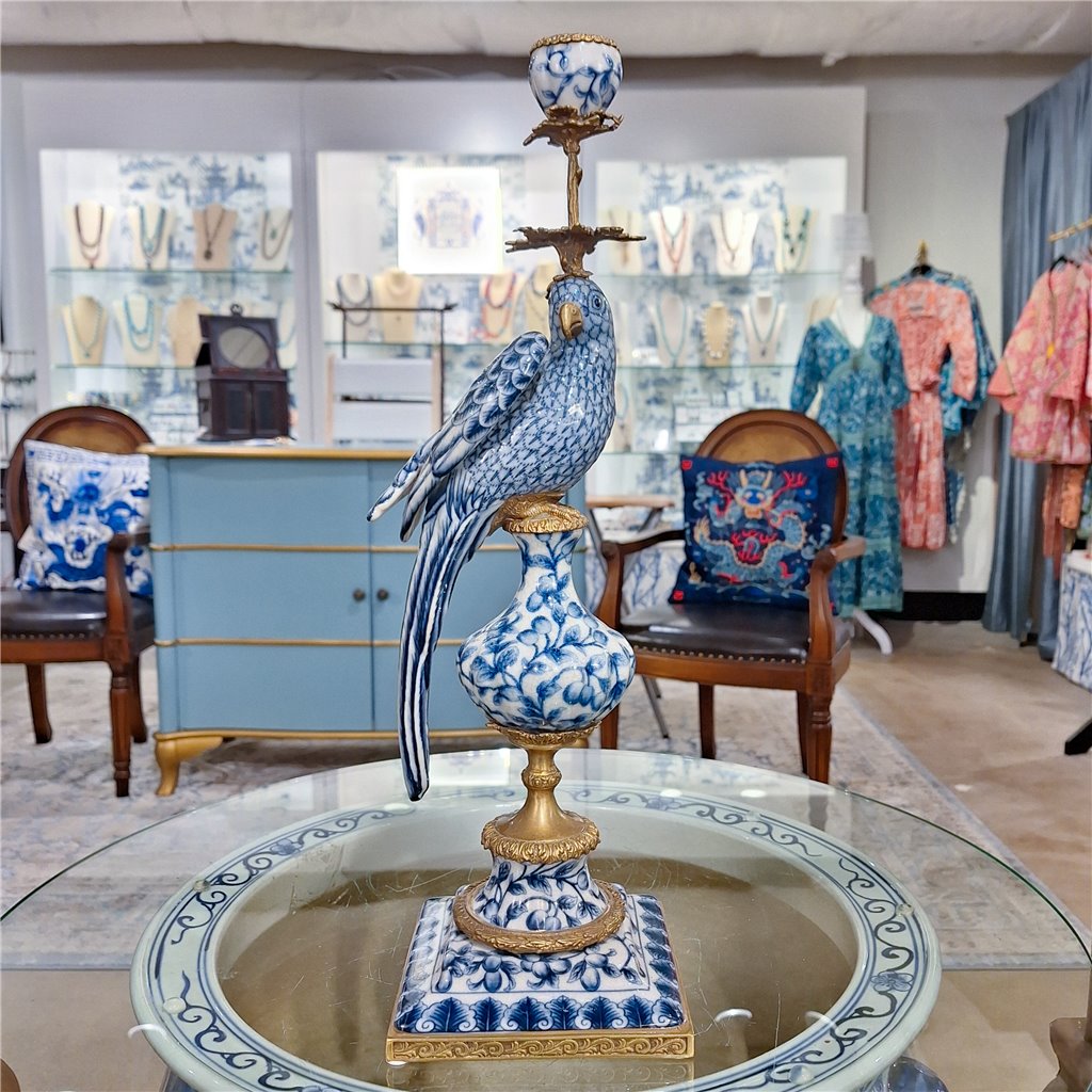 Danny's Fine Porcelain Home Decor Danny's Fine Porcelain 6L X 6W X 19H PORCELAIN PARROT CANDLE HOLDER WITH BRONZE ORMOLU- BLUE AND WHITE (LEFT) 14049