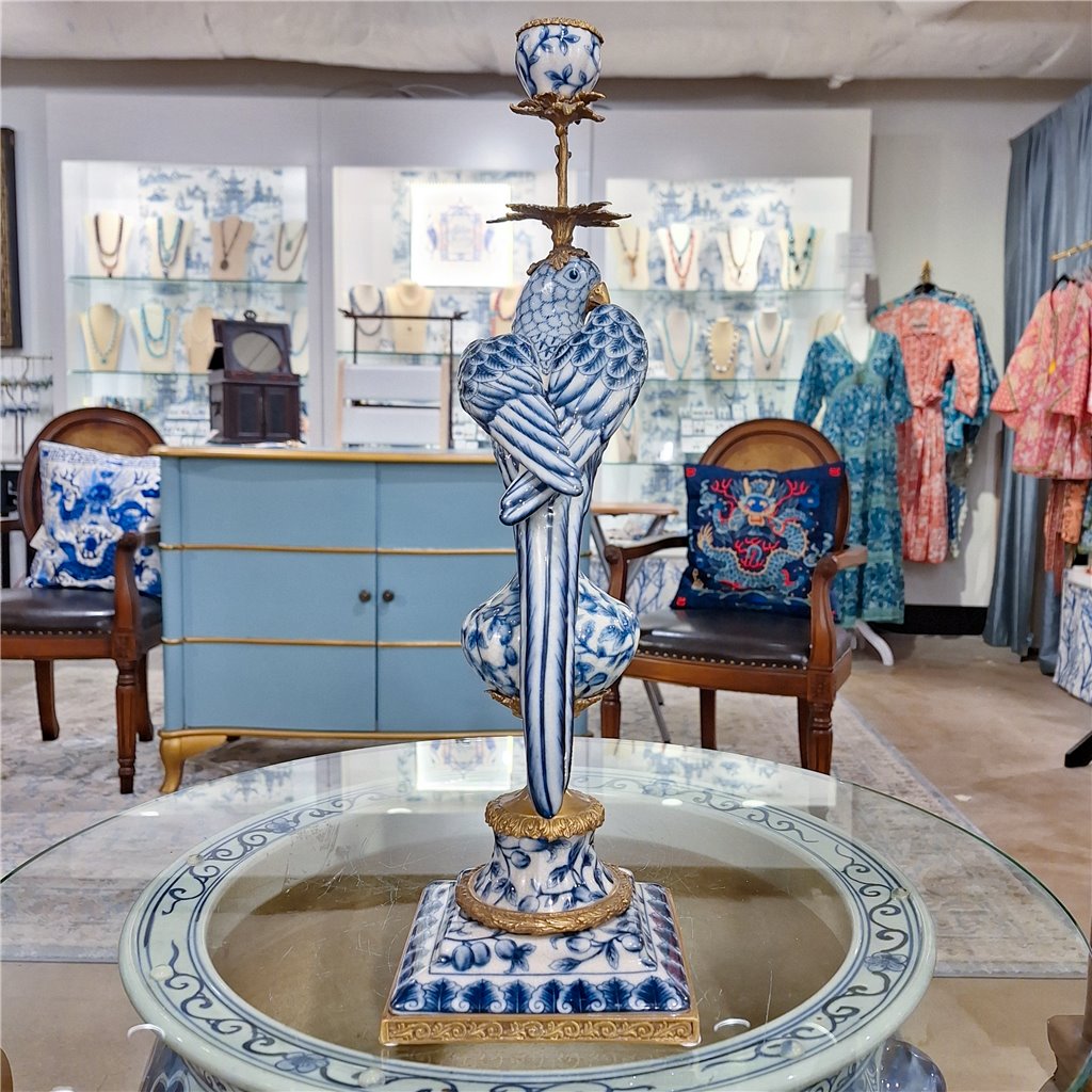 Danny's Fine Porcelain Home Decor Danny's Fine Porcelain 6L X 6W X 19H PORCELAIN PARROT CANDLE HOLDER WITH BRONZE ORMOLU- BLUE AND WHITE (LEFT) 14049