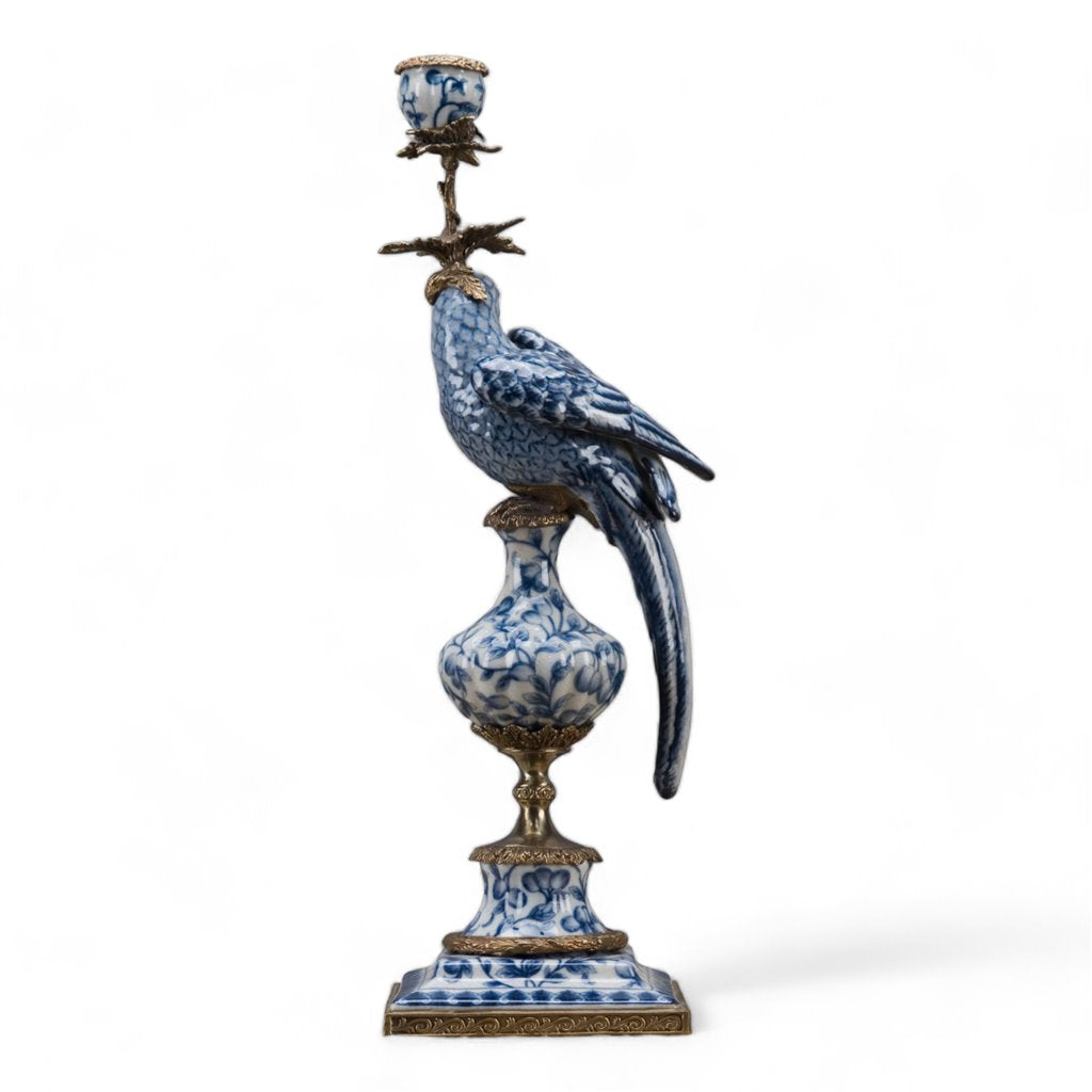 Danny's Fine Porcelain Home Decor Danny's Fine Porcelain 6L X 6W X 19H PORCELAIN PARROT CANDLE HOLDER WITH BRONZE ORMOLU- BLUE AND WHITE (LEFT) 14049