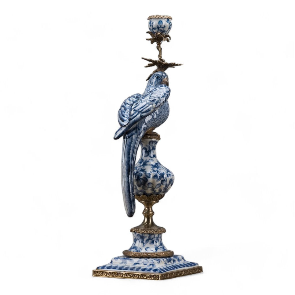 Danny's Fine Porcelain Home Decor Danny's Fine Porcelain 6L X 6W X 19H PORCELAIN PARROT CANDLE HOLDER WITH BRONZE ORMOLU- BLUE AND WHITE (LEFT) 14049