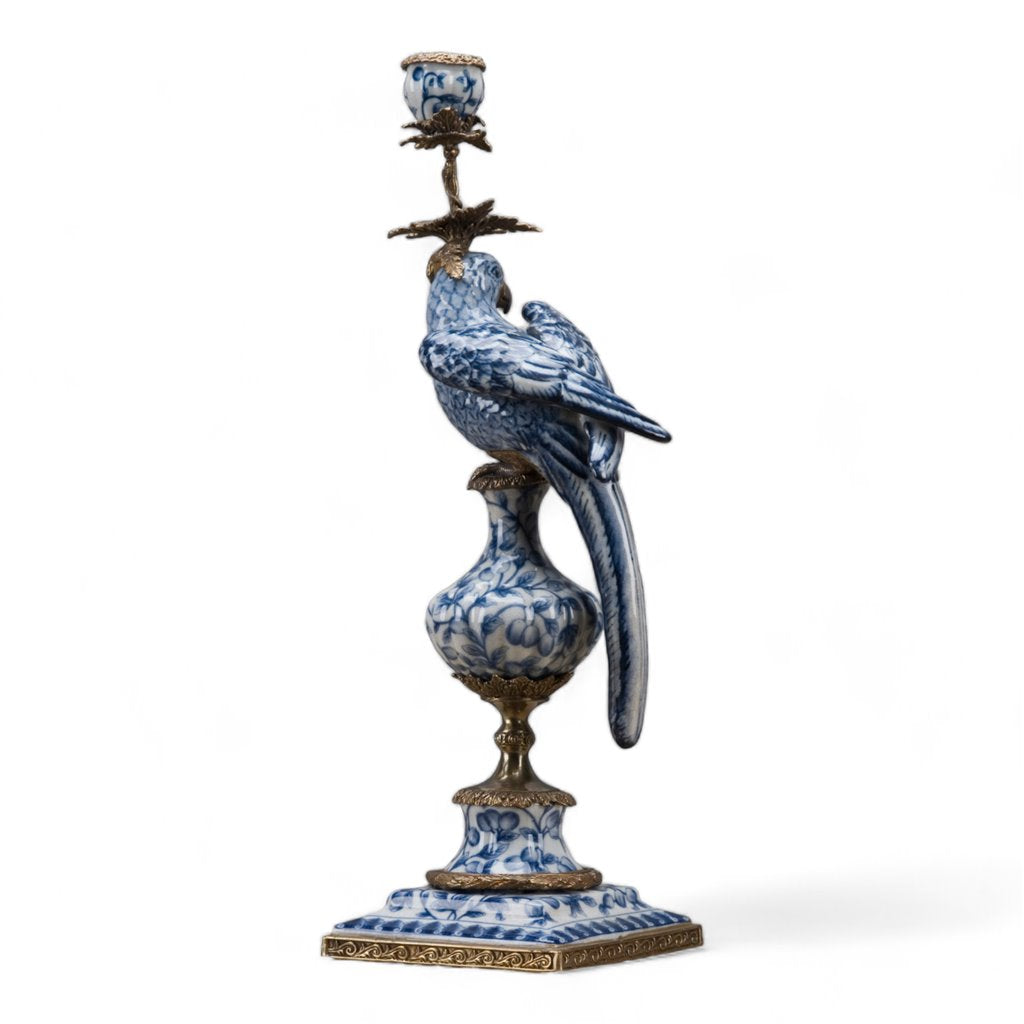 Danny's Fine Porcelain Home Decor Danny's Fine Porcelain 6L X 6W X 19H PORCELAIN PARROT CANDLE HOLDER WITH BRONZE ORMOLU- BLUE AND WHITE (LEFT) 14049