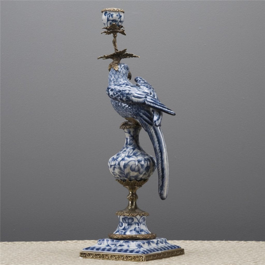 Danny's Fine Porcelain Home Decor Danny's Fine Porcelain 6L X 6W X 19H PORCELAIN PARROT CANDLE HOLDER WITH BRONZE ORMOLU- BLUE AND WHITE (LEFT) 14049
