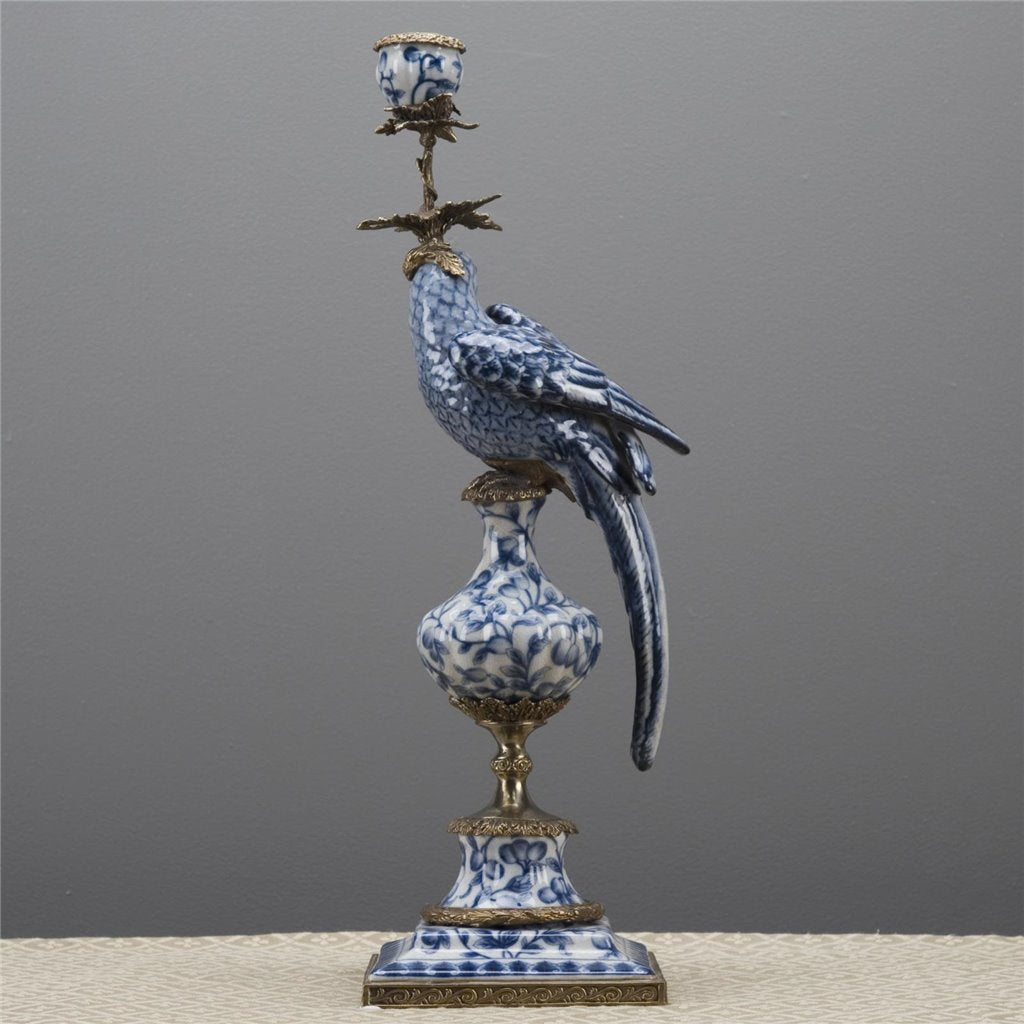 Danny's Fine Porcelain Home Decor Danny's Fine Porcelain 6L X 6W X 19H PORCELAIN PARROT CANDLE HOLDER WITH BRONZE ORMOLU- BLUE AND WHITE (LEFT) 14049