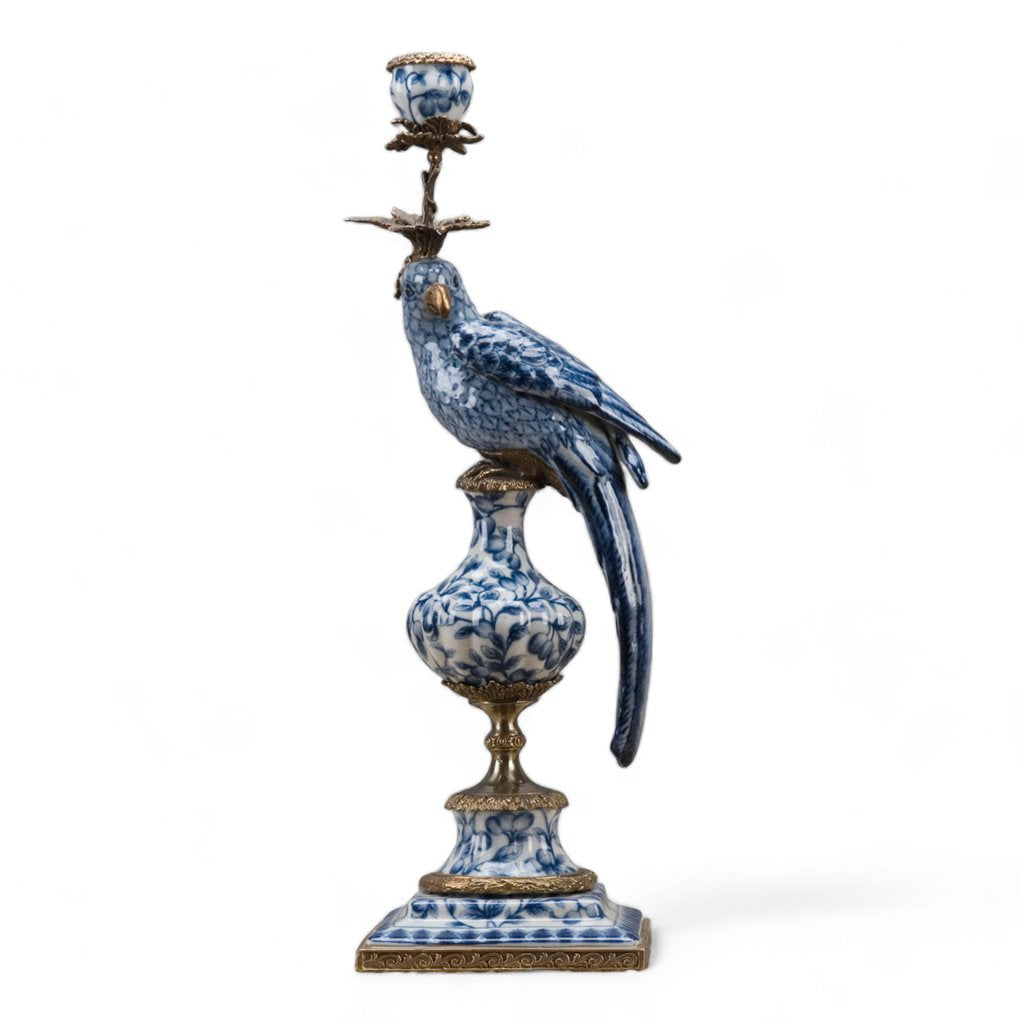 Danny's Fine Porcelain Home Decor Danny's Fine Porcelain 6L X 6W X 19H PORCELAIN PARROT CANDLE HOLDER WITH BRONZE ORMOLU- BLUE AND WHITE (RIGHT) 14050