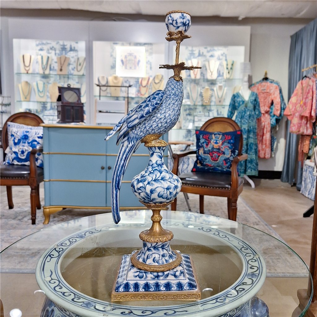 Danny's Fine Porcelain Home Decor Danny's Fine Porcelain 6L X 6W X 19H PORCELAIN PARROT CANDLE HOLDER WITH BRONZE ORMOLU- BLUE AND WHITE (RIGHT) 14050