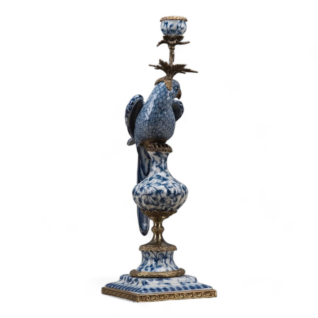 Danny's Fine Porcelain Home Decor Danny's Fine Porcelain 6L X 6W X 19H PORCELAIN PARROT CANDLE HOLDER WITH BRONZE ORMOLU- BLUE AND WHITE (RIGHT) 14050
